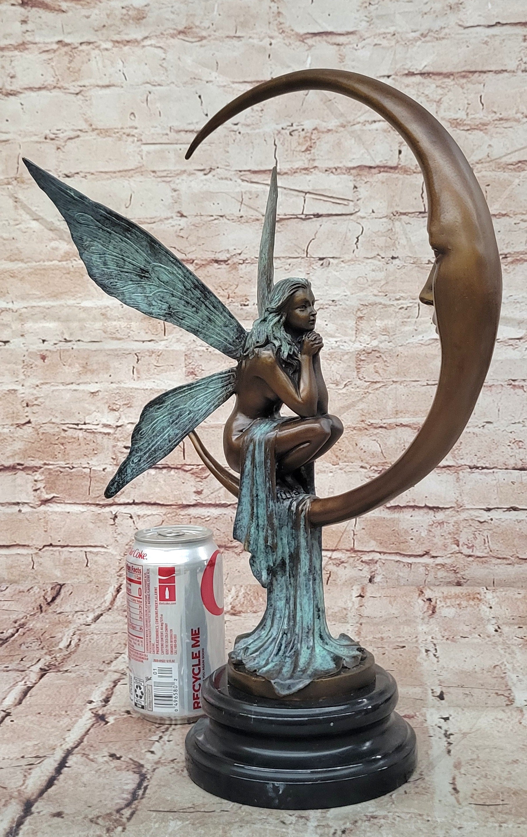 Bronze Mythical Fairy Figurine on Moon Signed Nick Collectible Sculpture Art