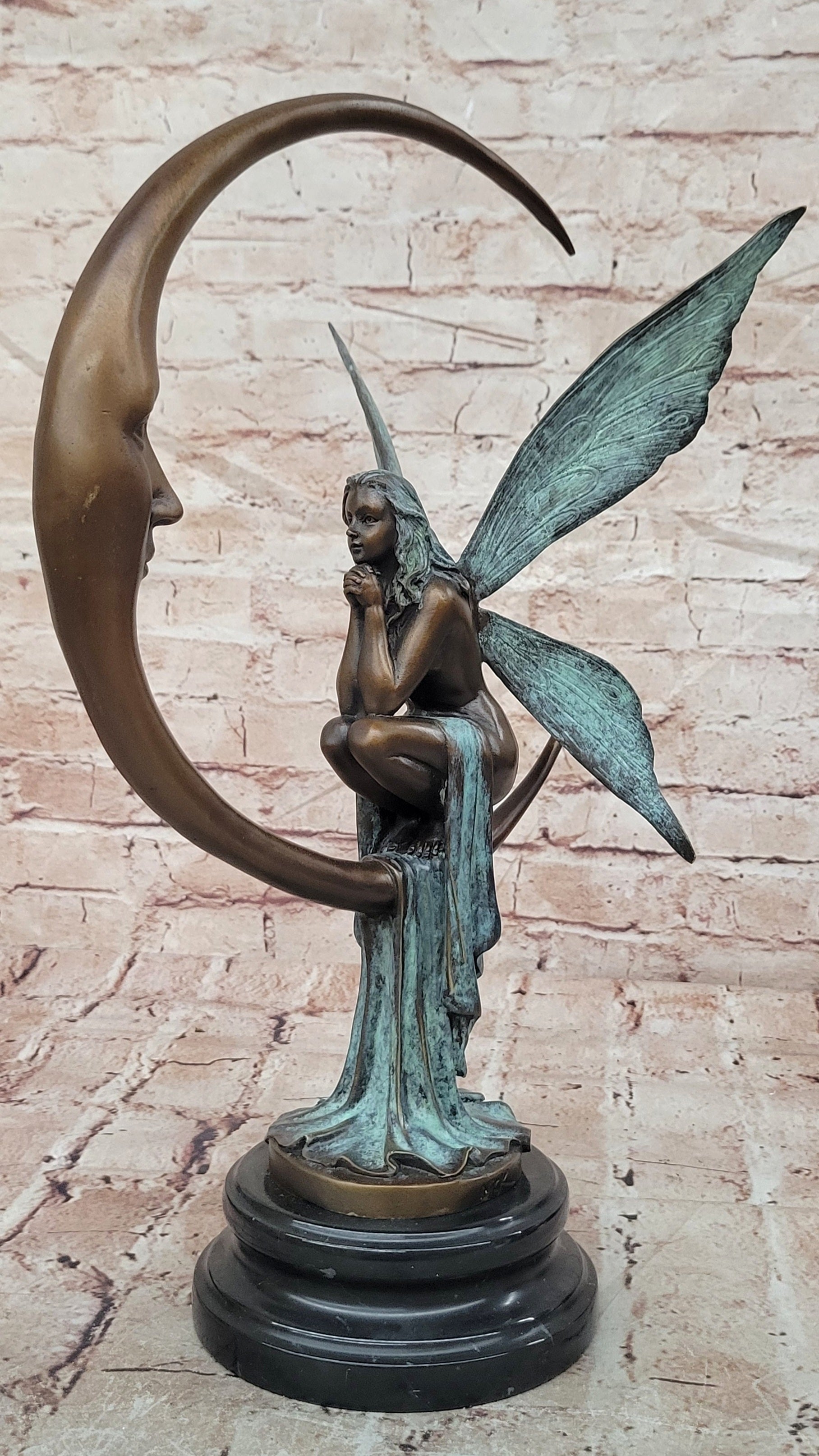 Bronze Mythical Fairy Figurine on Moon Signed Nick Collectible Sculpture Art