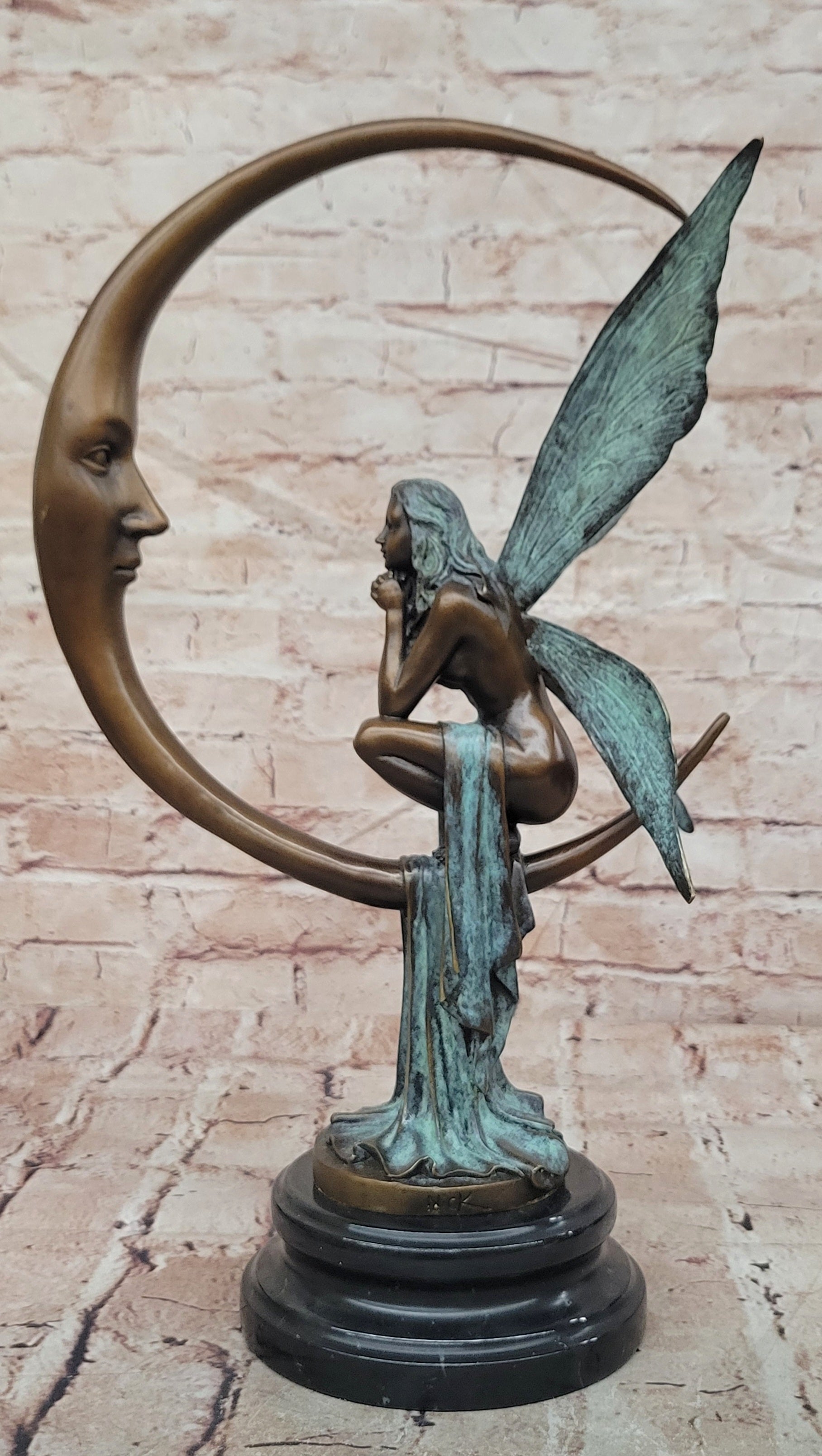 Bronze Mythical Fairy Figurine on Moon Signed Nick Collectible Sculpture Art