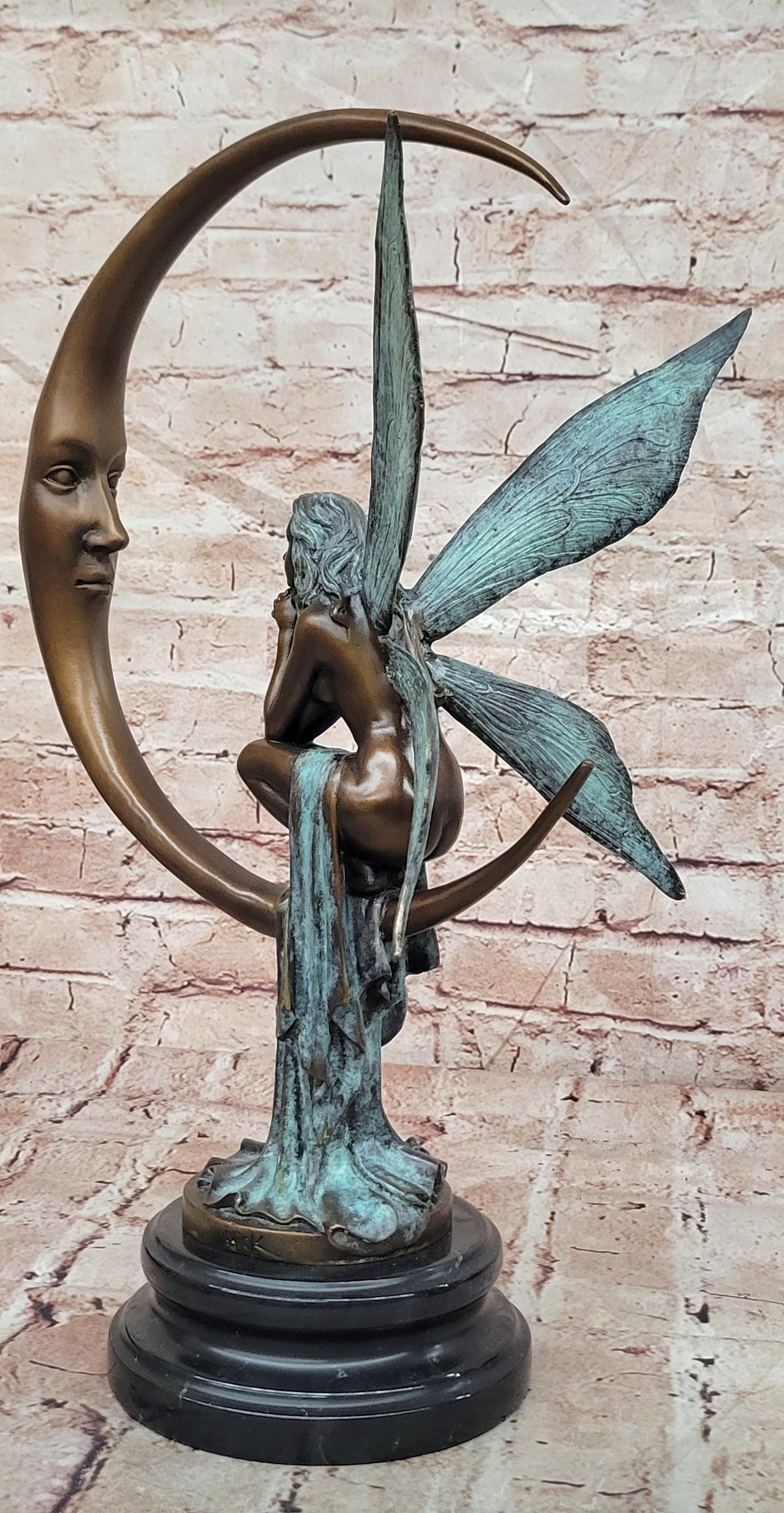 Bronze Mythical Fairy Figurine on Moon Signed Nick Collectible Sculpture Art