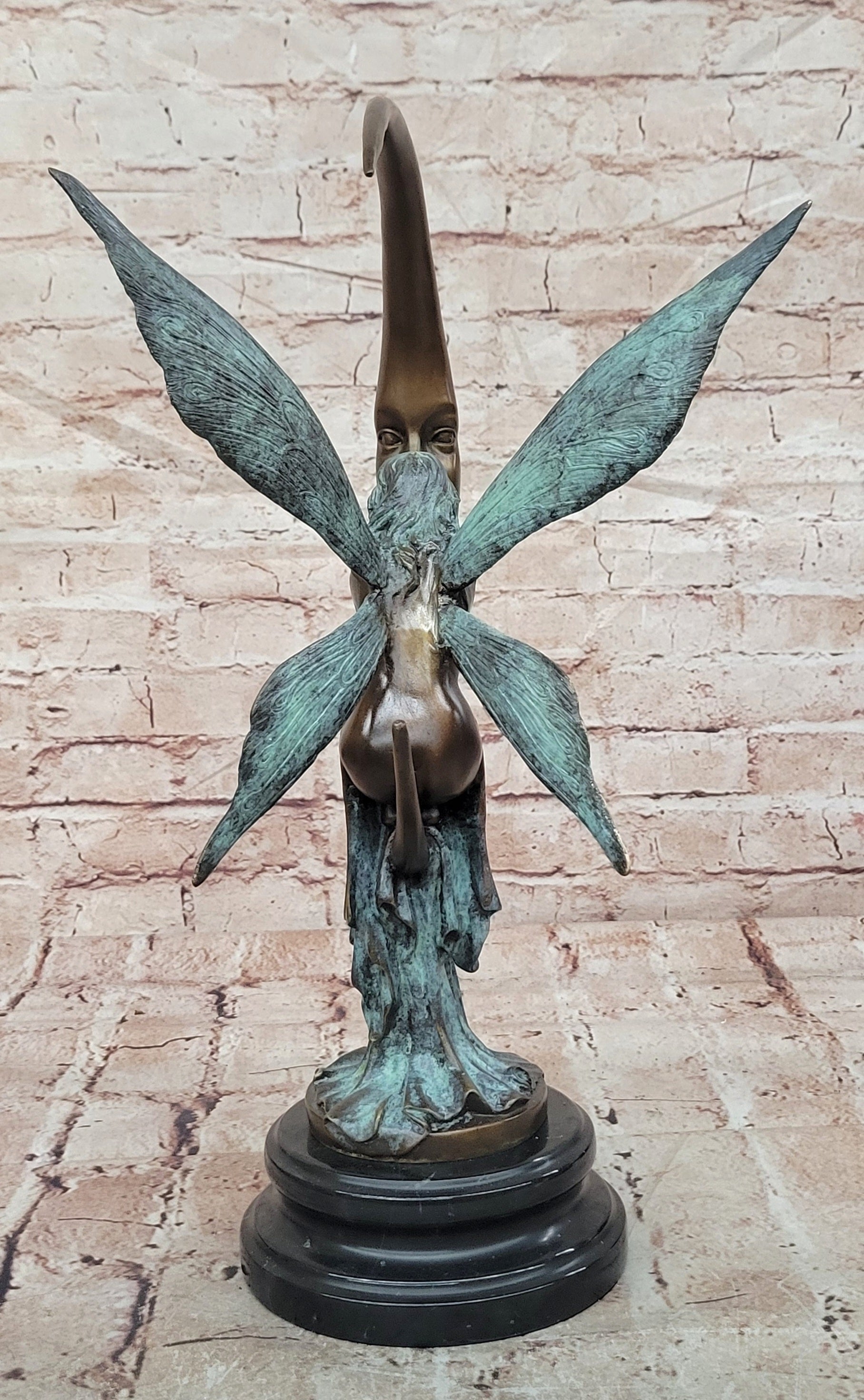 Bronze Mythical Fairy Figurine on Moon Signed Nick Collectible Sculpture Art