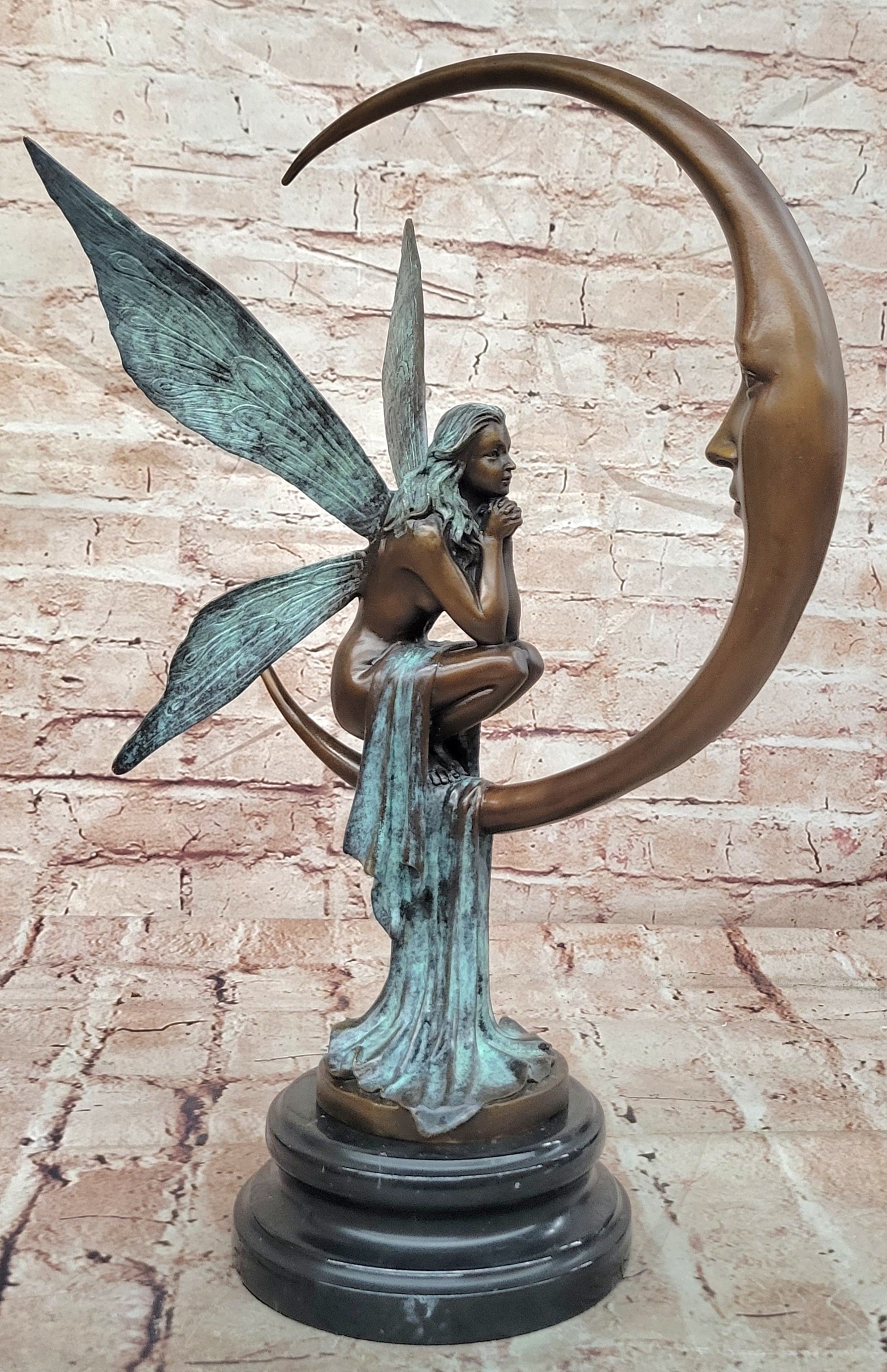 Bronze Mythical Fairy Figurine on Moon Signed Nick Collectible Sculpture Art