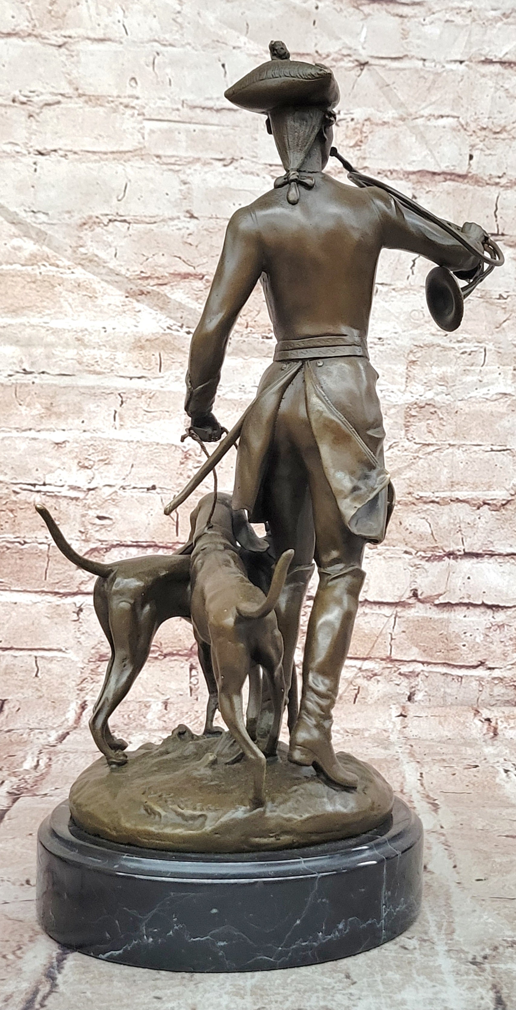 Bronze Hunter and Hound Dogs Sculpture Signed Moreau Fine Art Statue Large