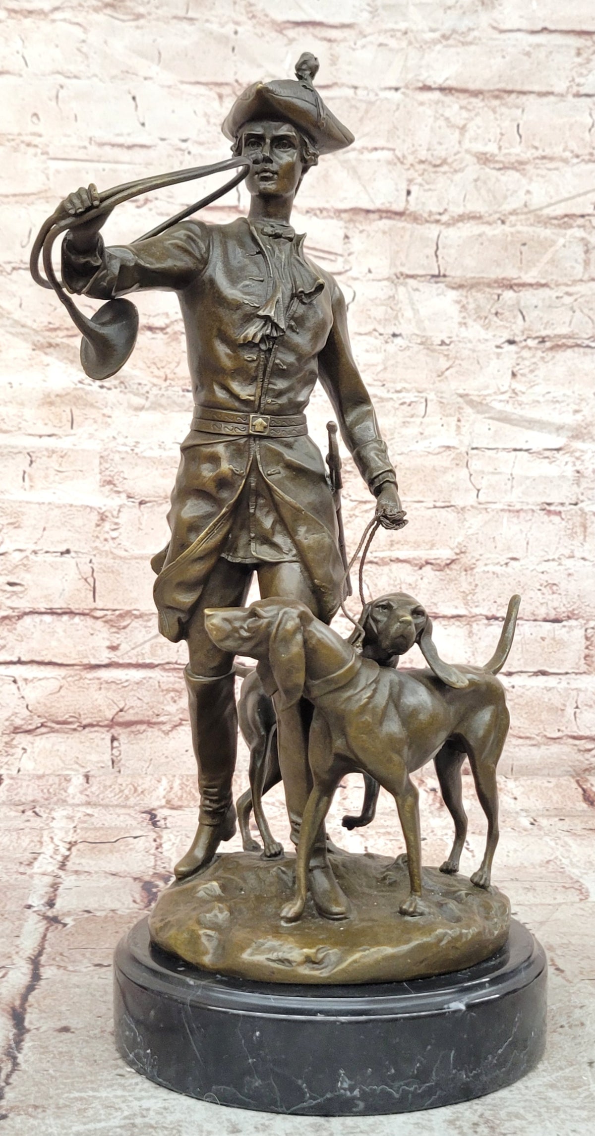 Bronze Hunter and Hound Dogs Sculpture Signed Moreau Fine Art Statue Large