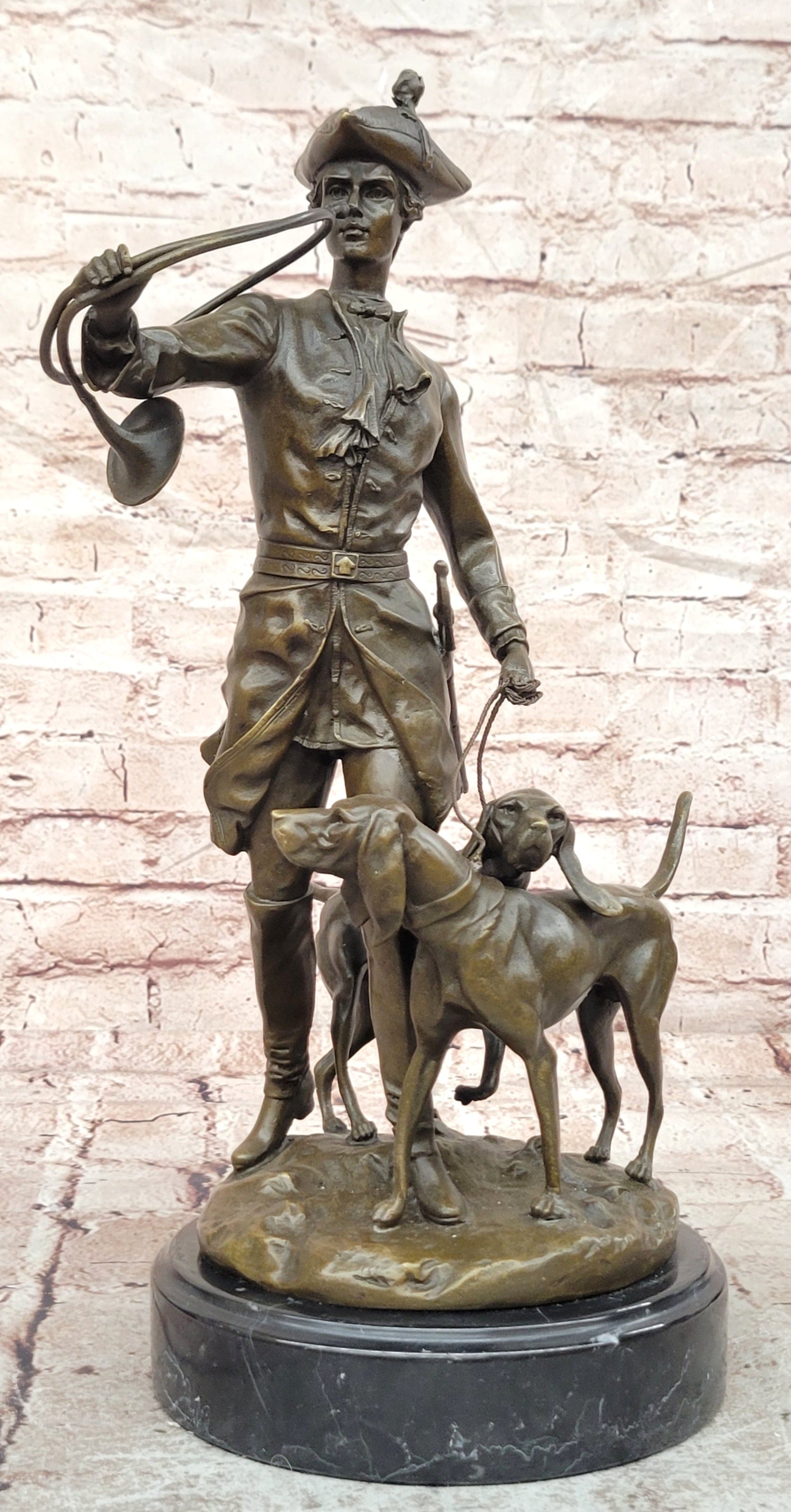 Bronze Hunter and Hound Dogs Sculpture Signed Moreau Fine Art Statue Large