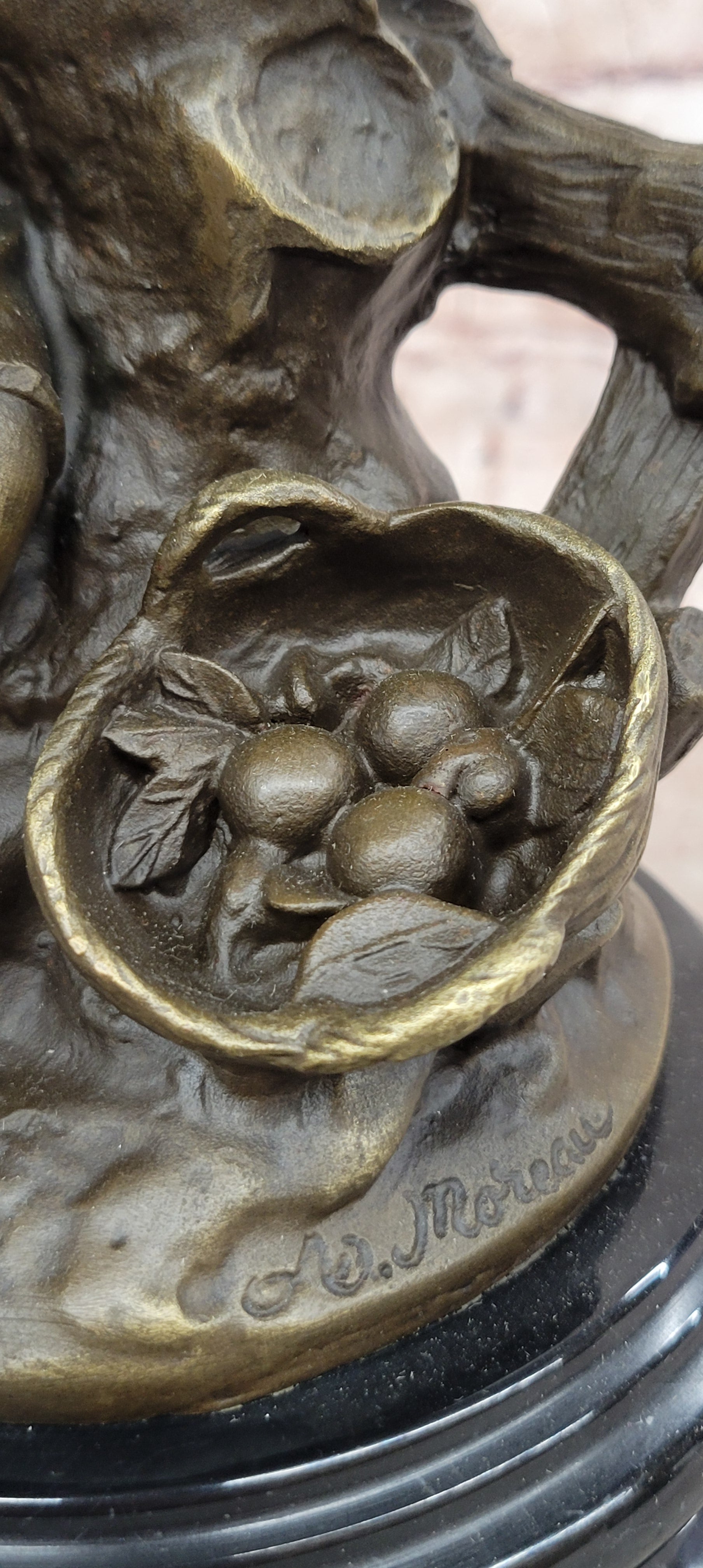 Bronze Tree Scene Sculpture Children Picking Fruit Signed Moreau Fine Art Statue
