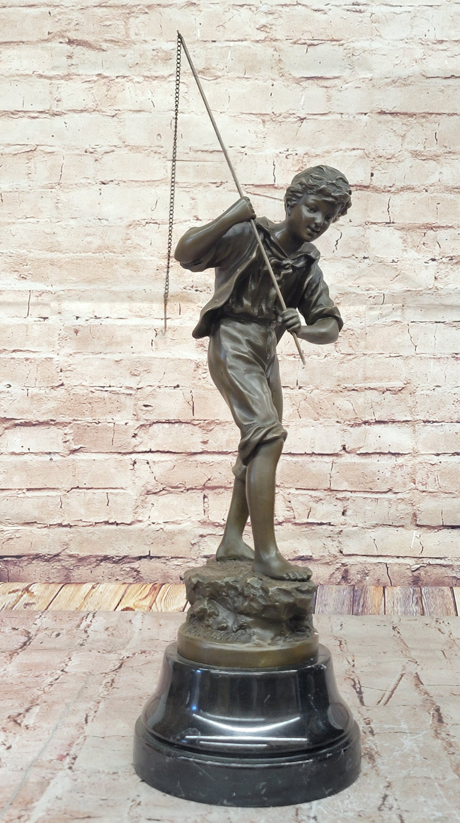 Handcrafted Bronze Fishing Boy Sculpture by Rancoulet Classic Artwork Home Decor