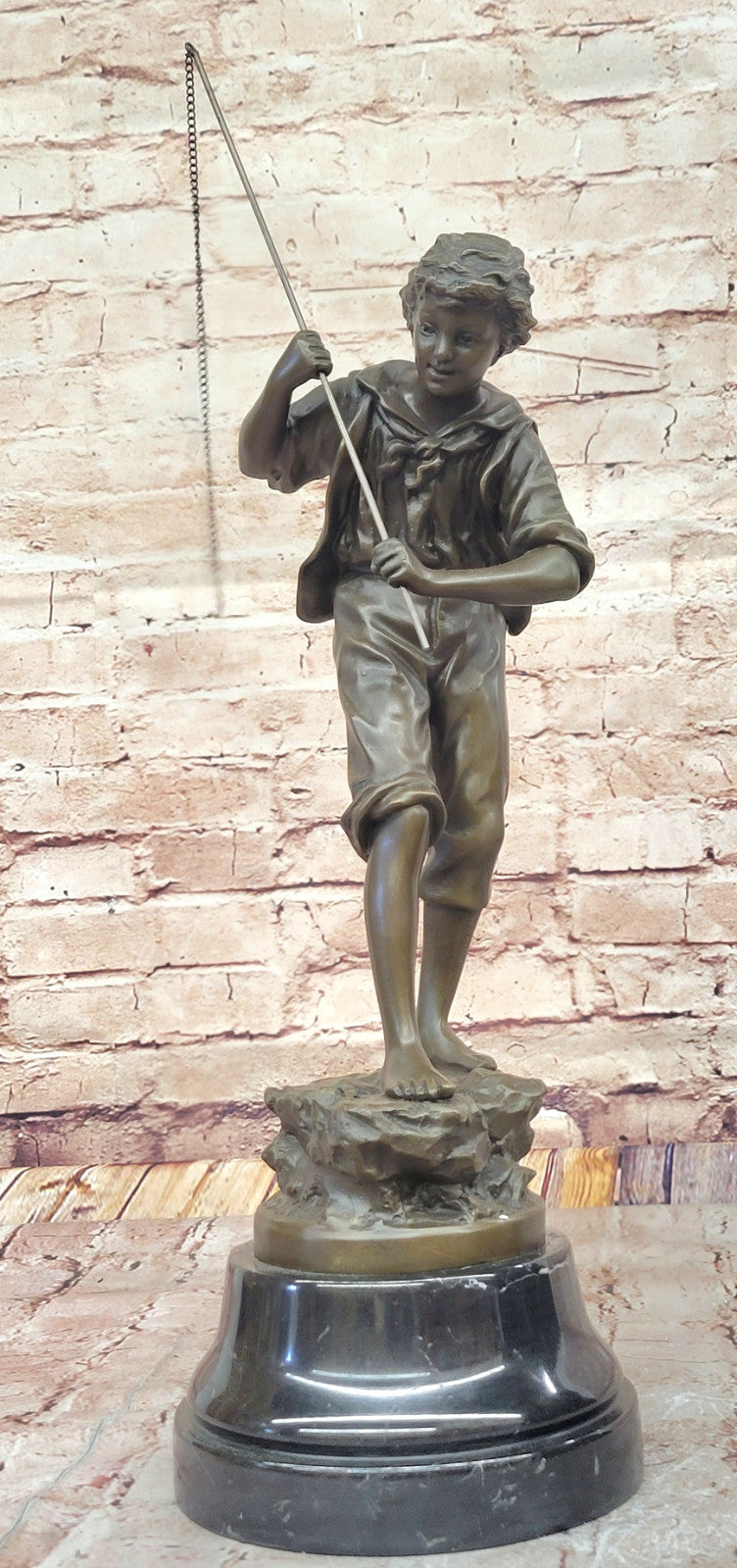 Handcrafted Bronze Fishing Boy Sculpture by Rancoulet Classic Artwork Home Decor