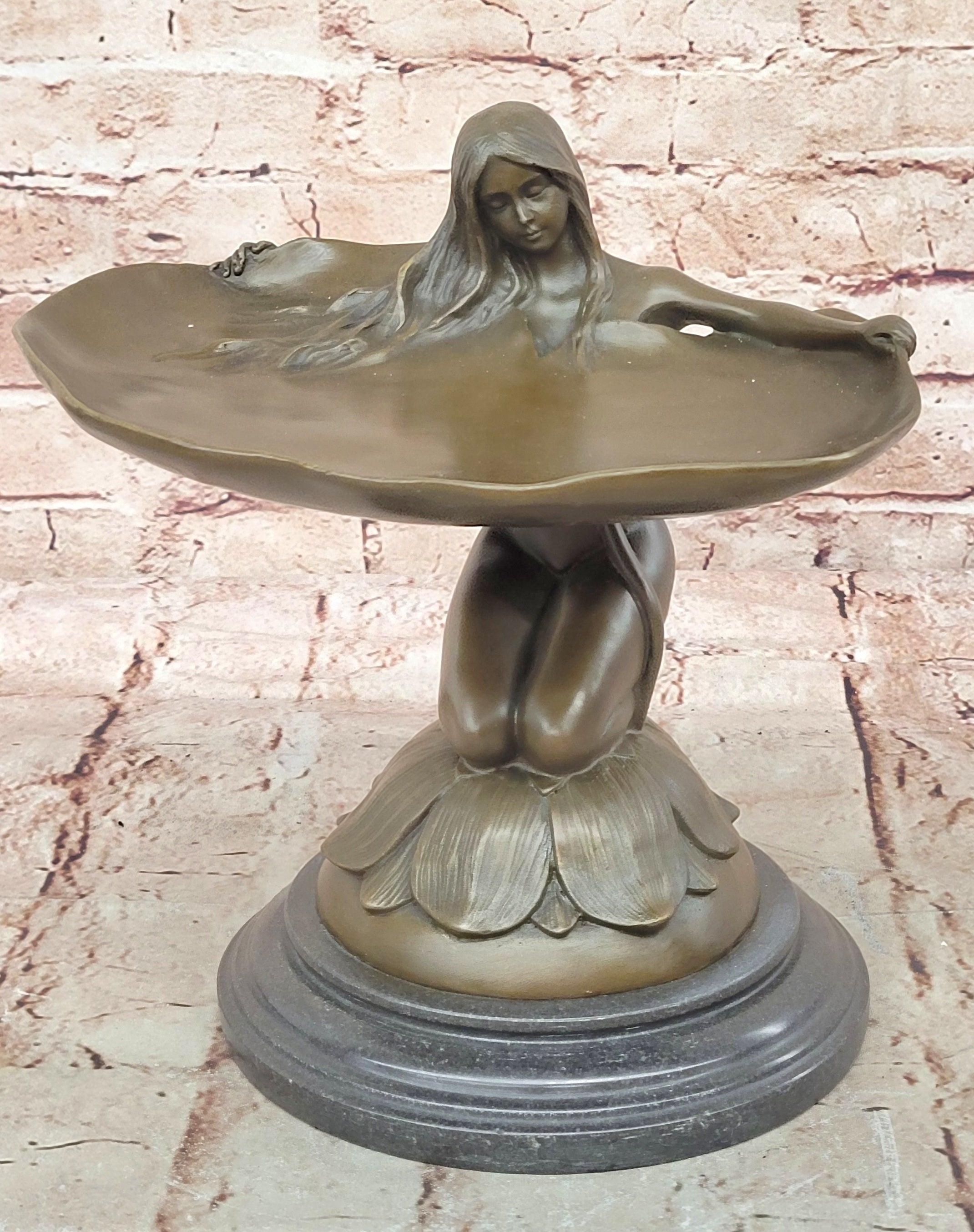 Art Nouveau Bronze Card Tray with Water Lily Woman Home Office Decoration