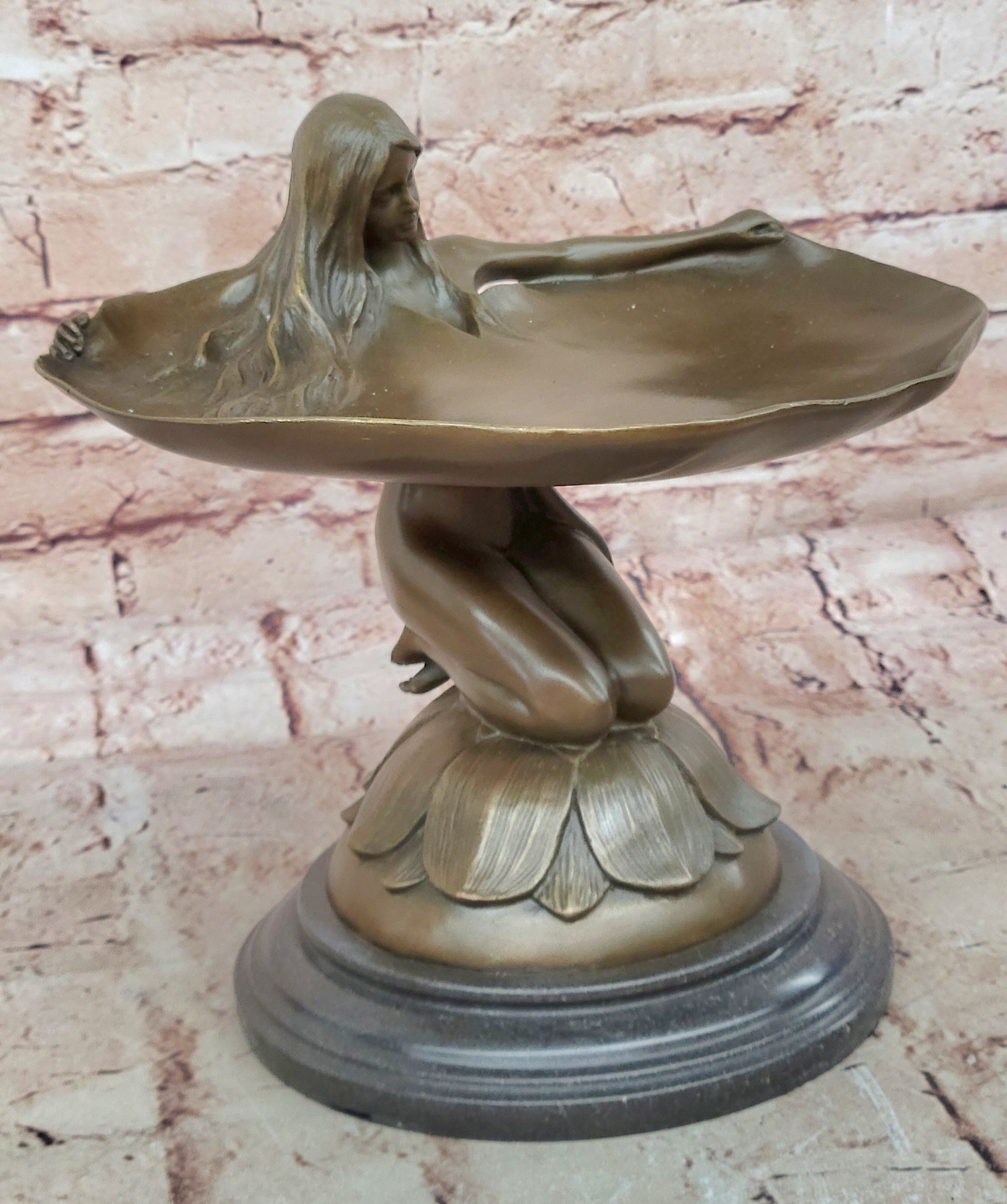 Art Nouveau Bronze Card Tray with Water Lily Woman Home Office Decoration