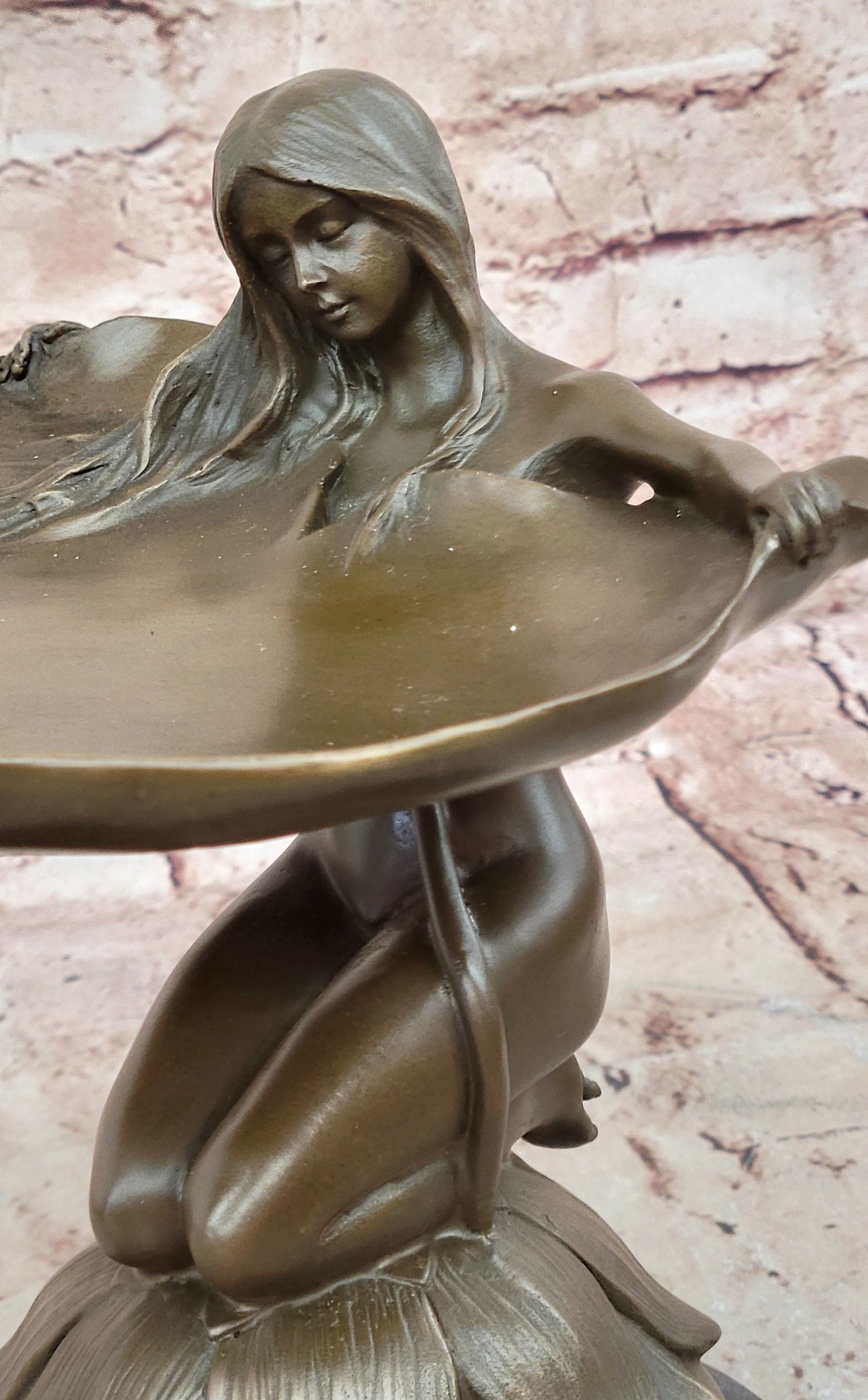Art Nouveau Bronze Card Tray with Water Lily Woman Home Office Decoration