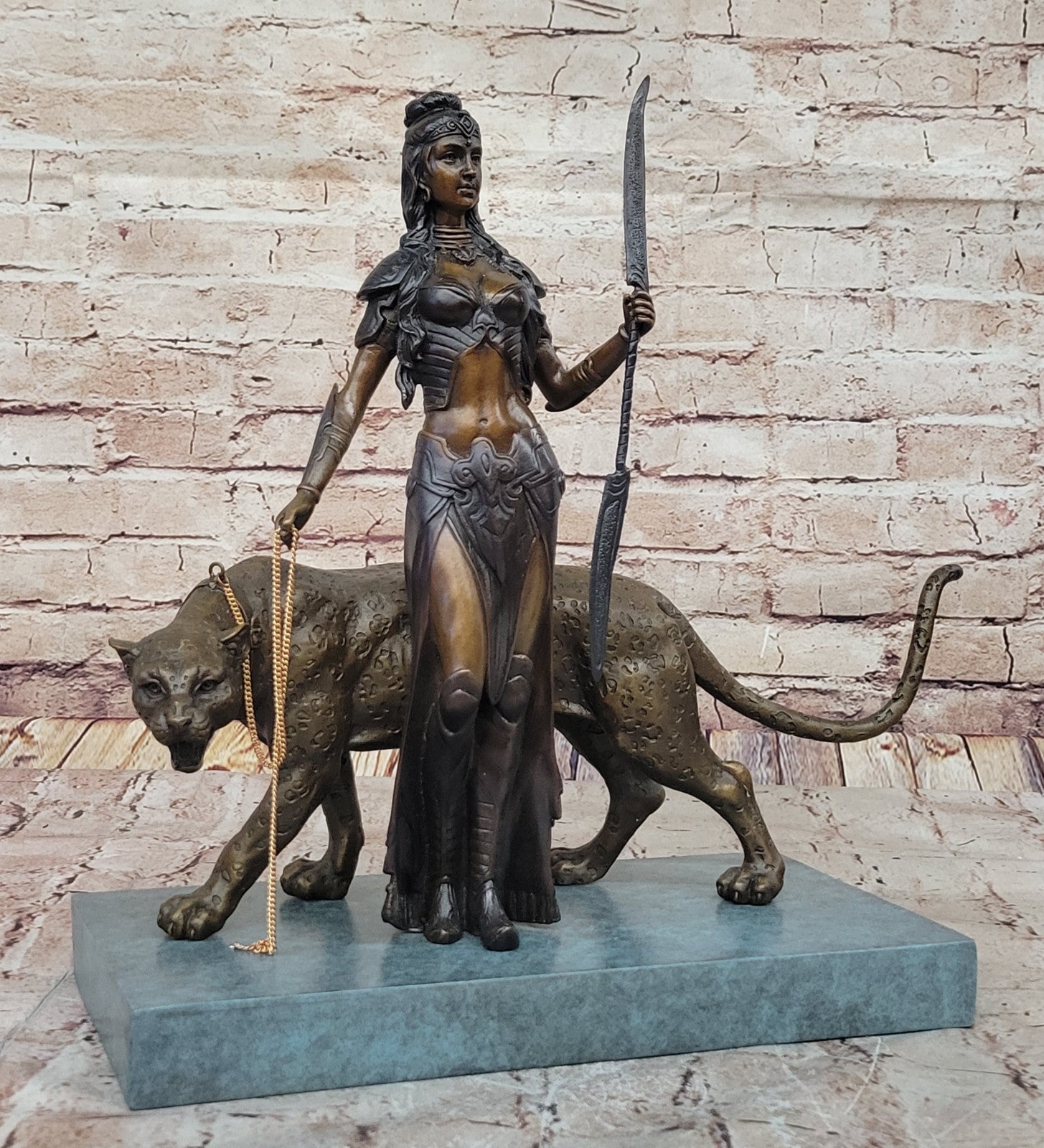 Bronze "Cleopatra and Panther" Statue – Egyptian Warrior Goddess Art Piece