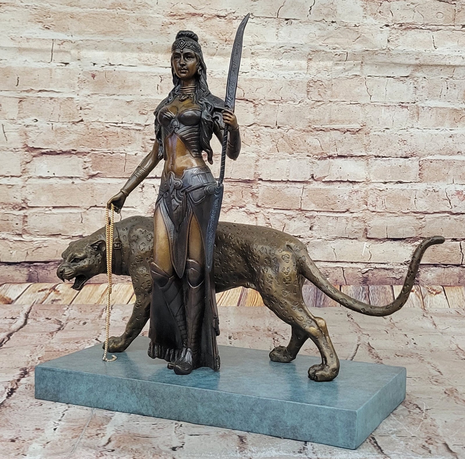 Bronze "Cleopatra and Panther" Statue – Egyptian Warrior Goddess Art Piece