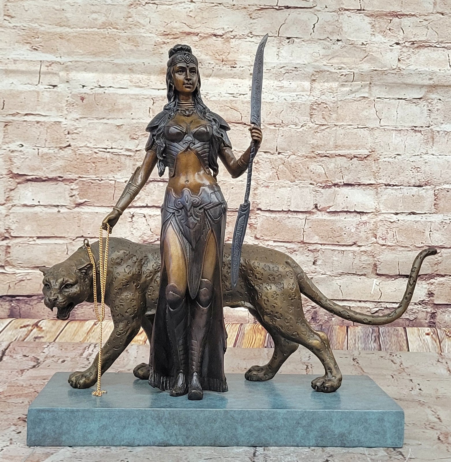 Bronze "Cleopatra and Panther" Statue – Egyptian Warrior Goddess Art Piece
