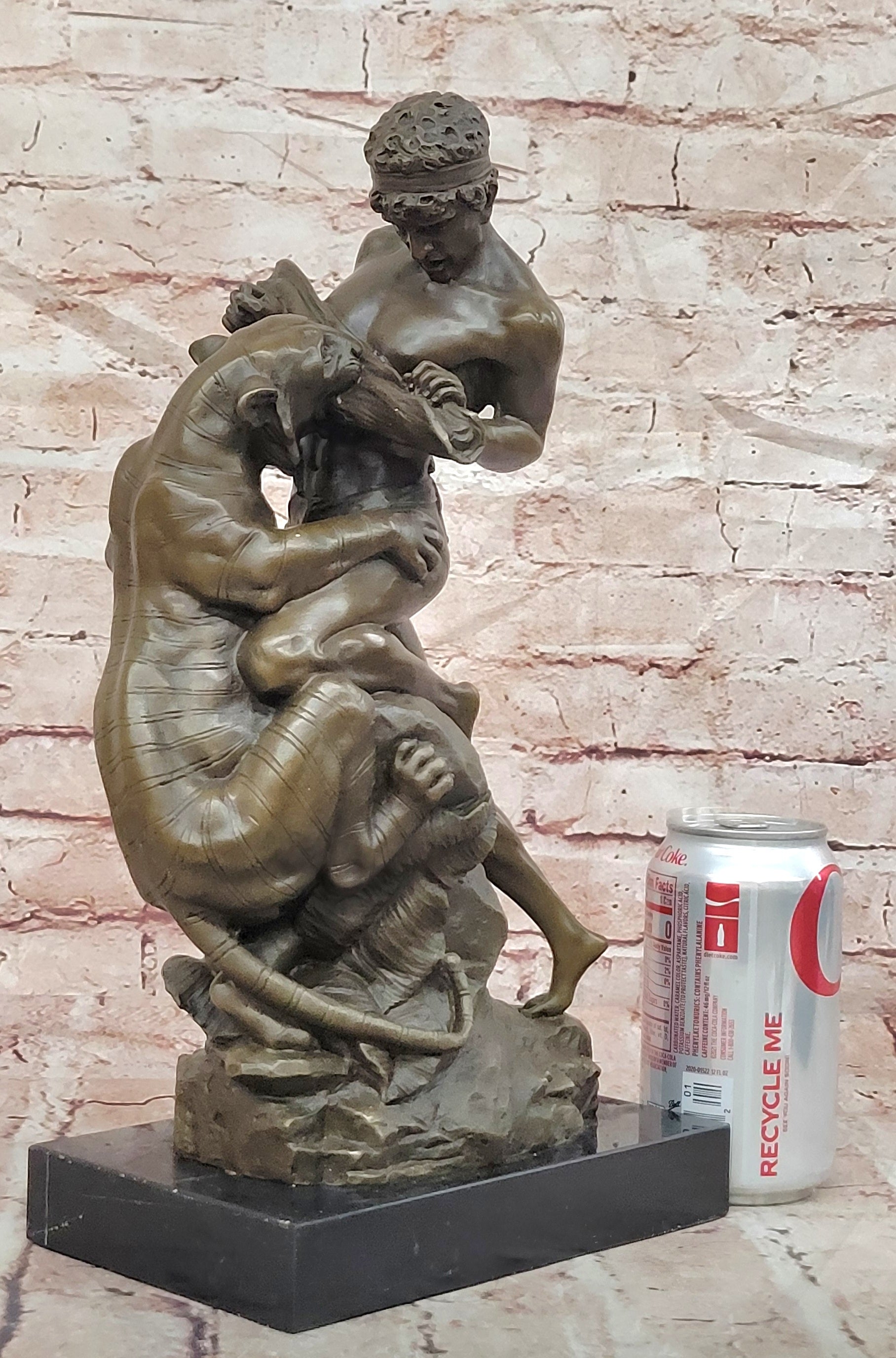 Bronze Dramatic Man vs Tiger Statue Drouot Fine Art Collectible Sculpture Statue