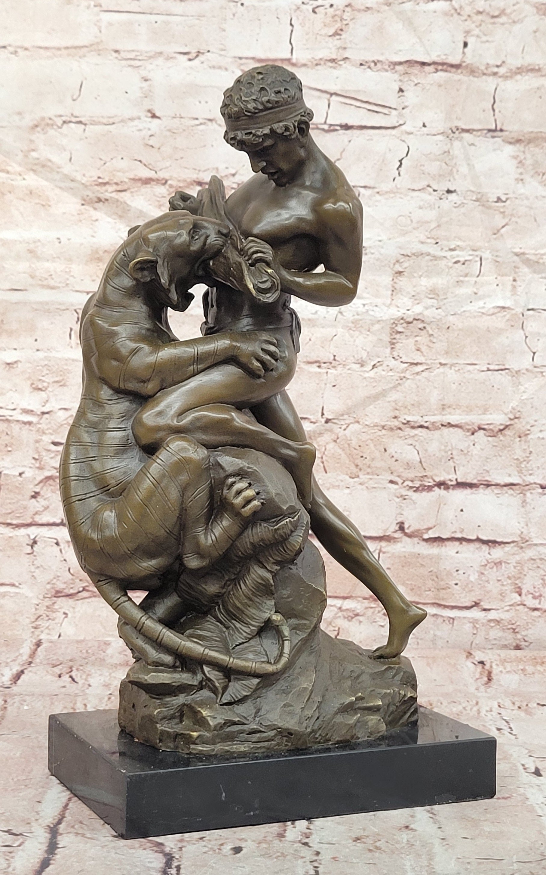 Bronze Dramatic Man vs Tiger Statue Drouot Fine Art Collectible Sculpture Statue