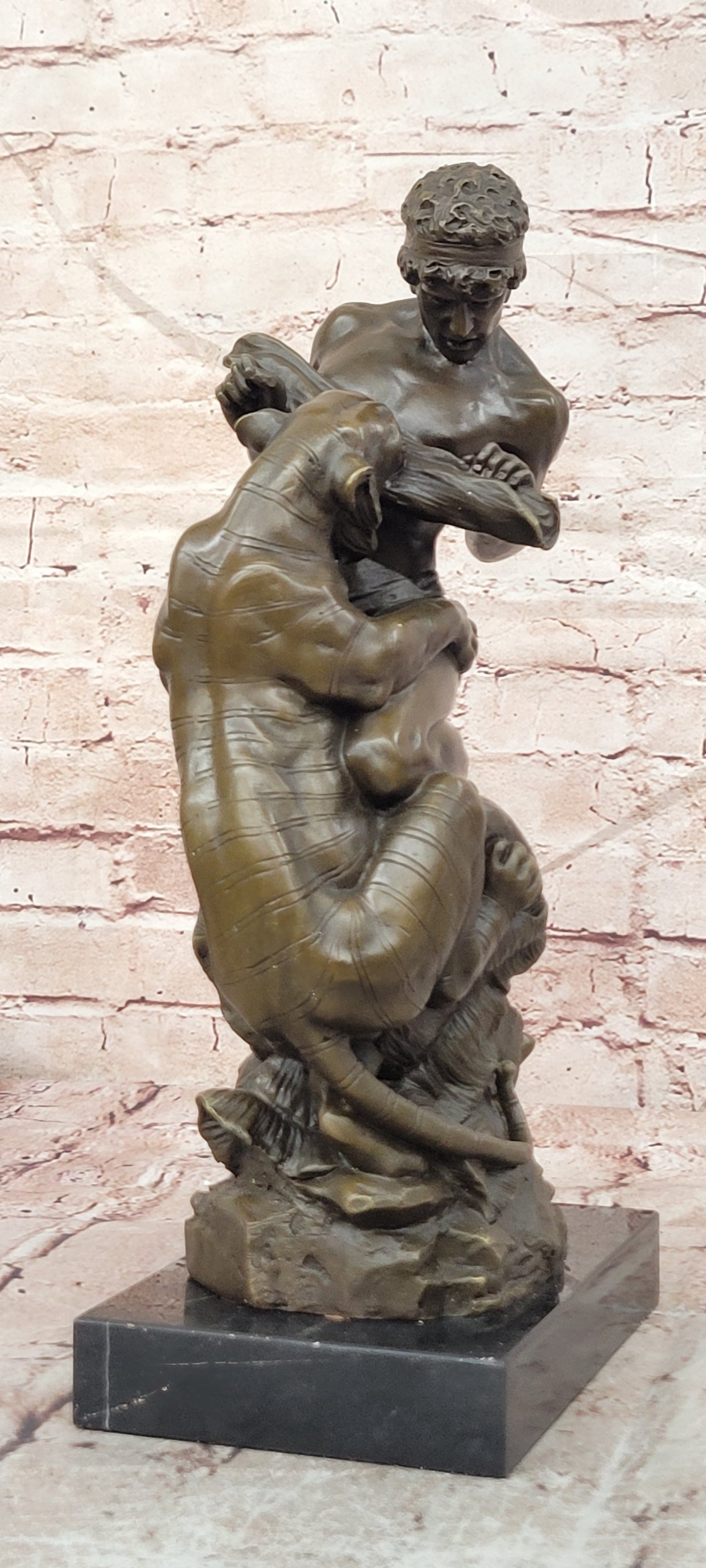Bronze Dramatic Man vs Tiger Statue Drouot Fine Art Collectible Sculpture Statue