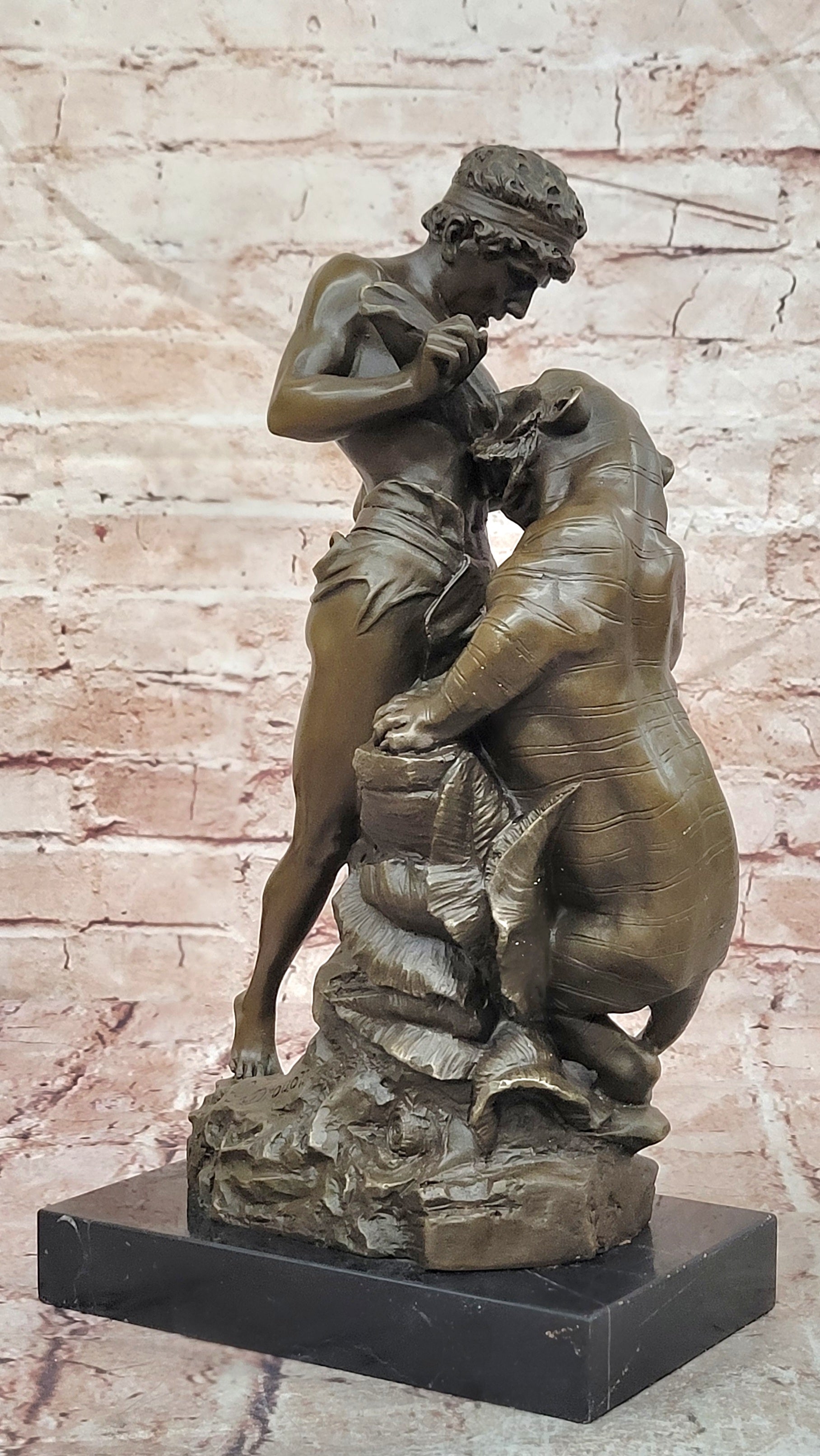 Bronze Dramatic Man vs Tiger Statue Drouot Fine Art Collectible Sculpture Statue
