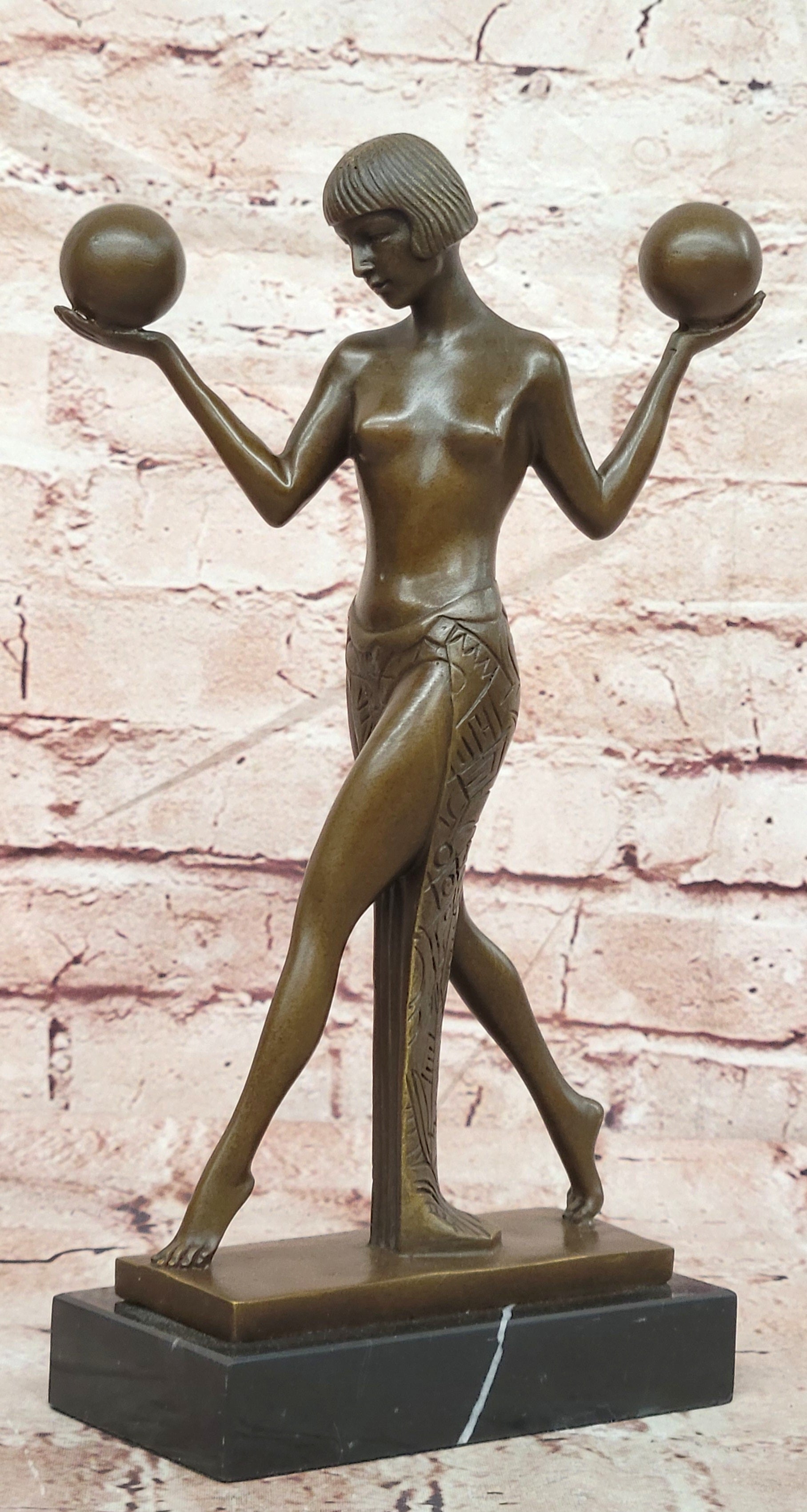Bronze Female Balancing Balls Sculpture Signed Guerbe Art Deco Figurine Statue