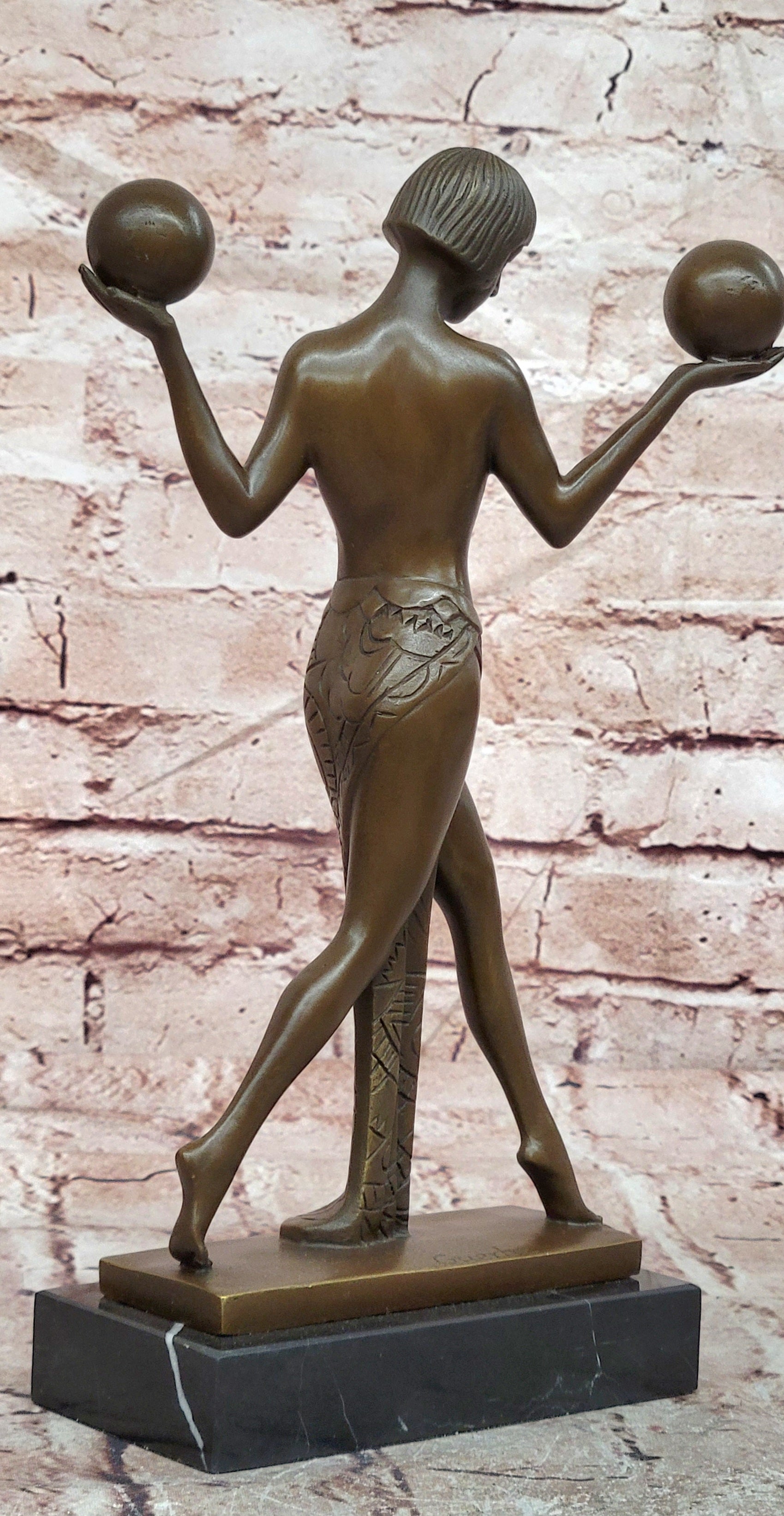 Bronze Female Balancing Balls Sculpture Signed Guerbe Art Deco Figurine Statue