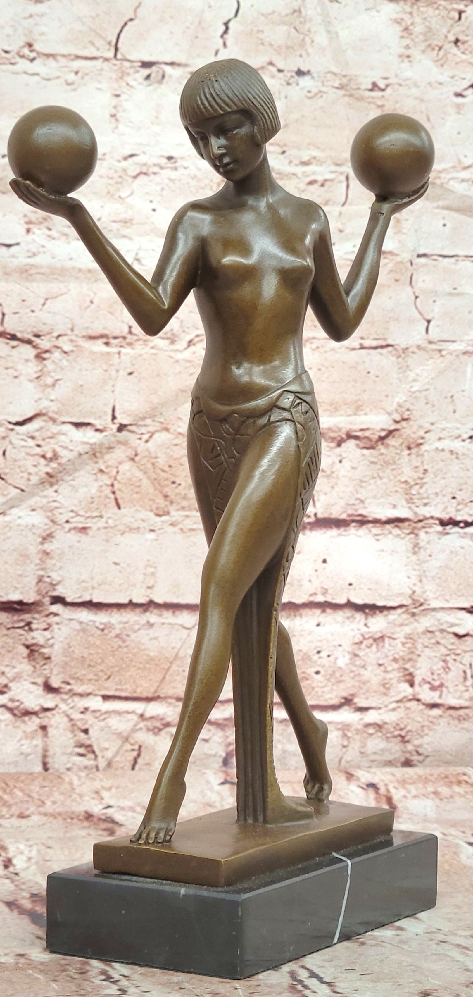 Bronze Female Balancing Balls Sculpture Signed Guerbe Art Deco Figurine Statue