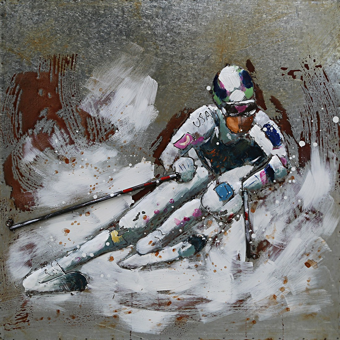 Watercolor Ski Scene - Unframed Painting on Canvas 3D Hand Made Art