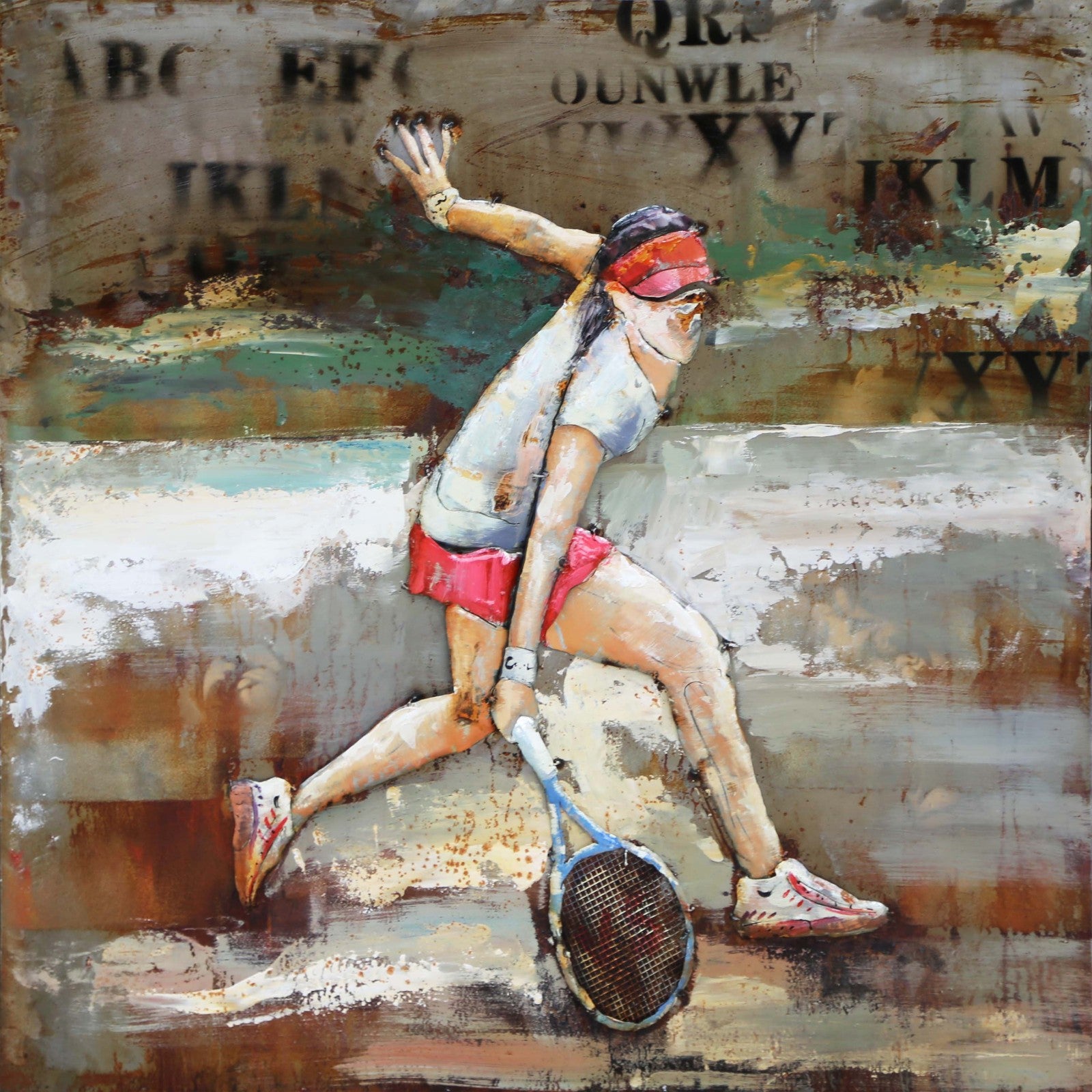 Wall Mount Metal OIL PAINTING OF TENNIS PLAYER IN ACTION 32" X 32" ARTWORK