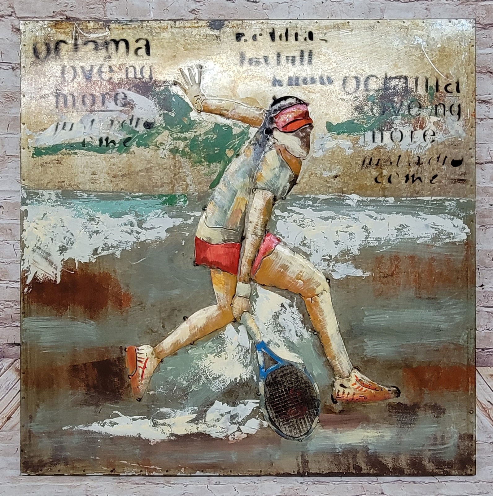 Wall Mount Metal OIL PAINTING OF TENNIS PLAYER IN ACTION 32" X 32" ARTWORK