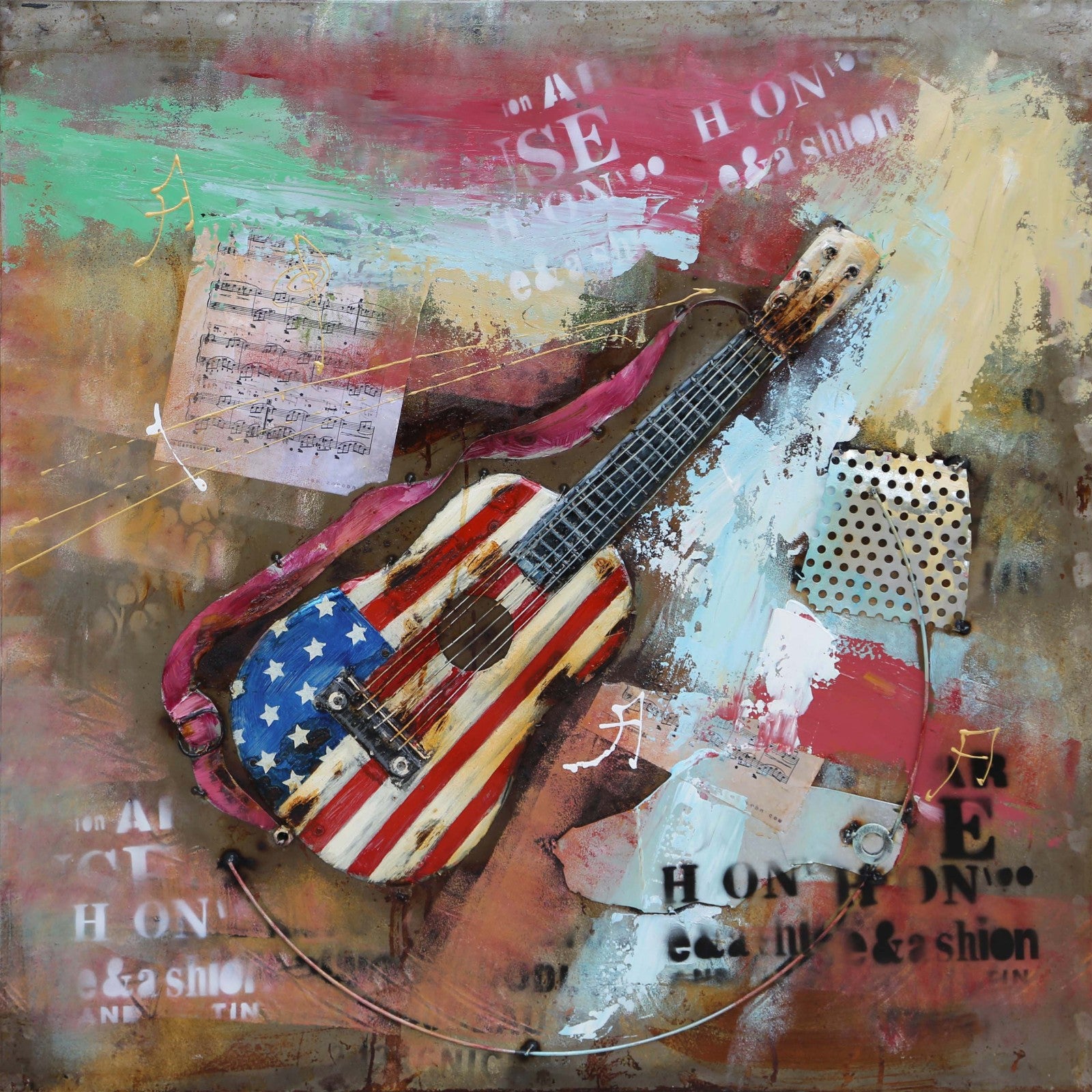 Unique Classic Artwork American Flag Guitar 3-D Metal Canvas Painting