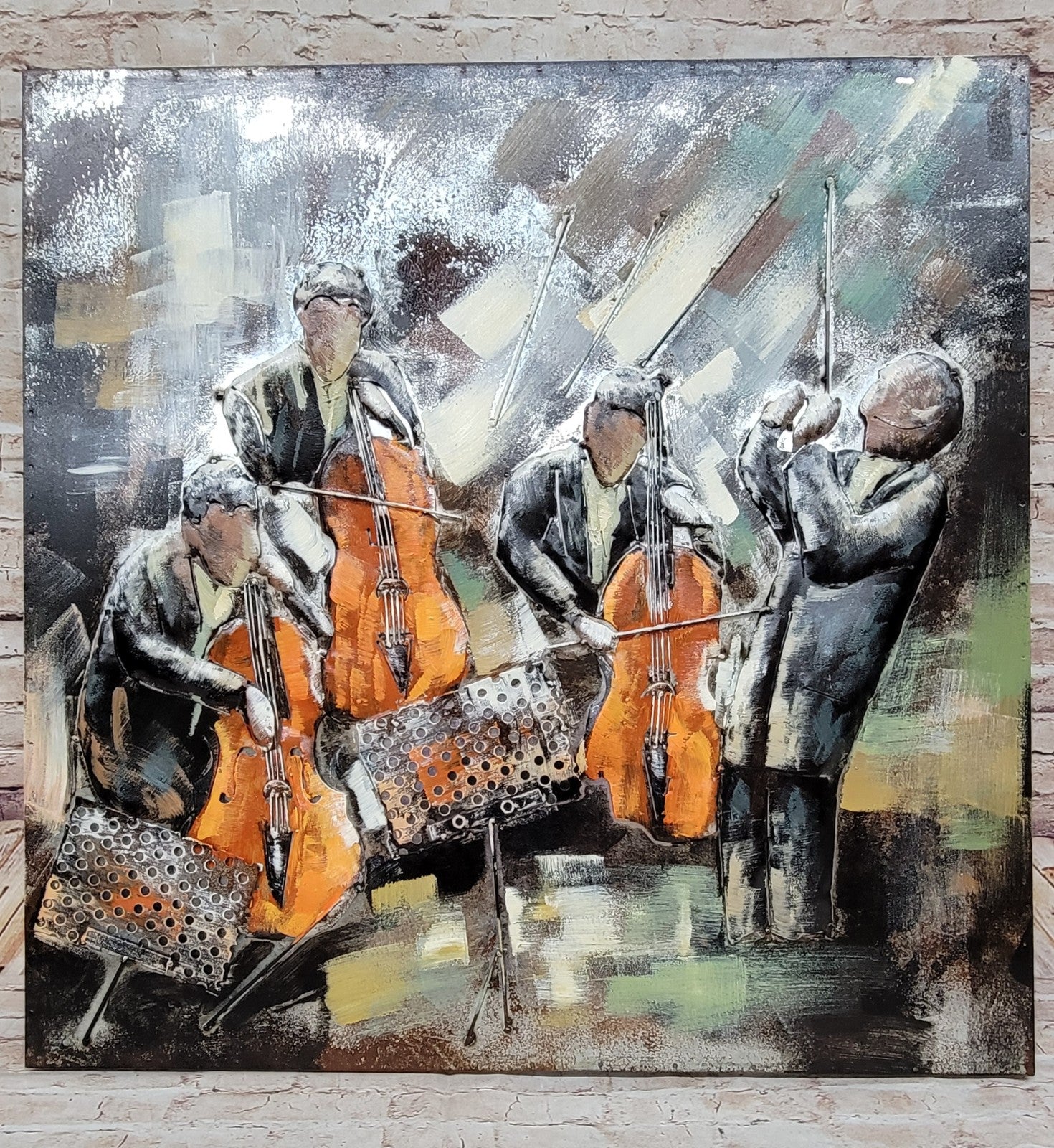 Modern Music Theme Painting Handmade Oil Art on Textured Metal Canvas Wall Hanging