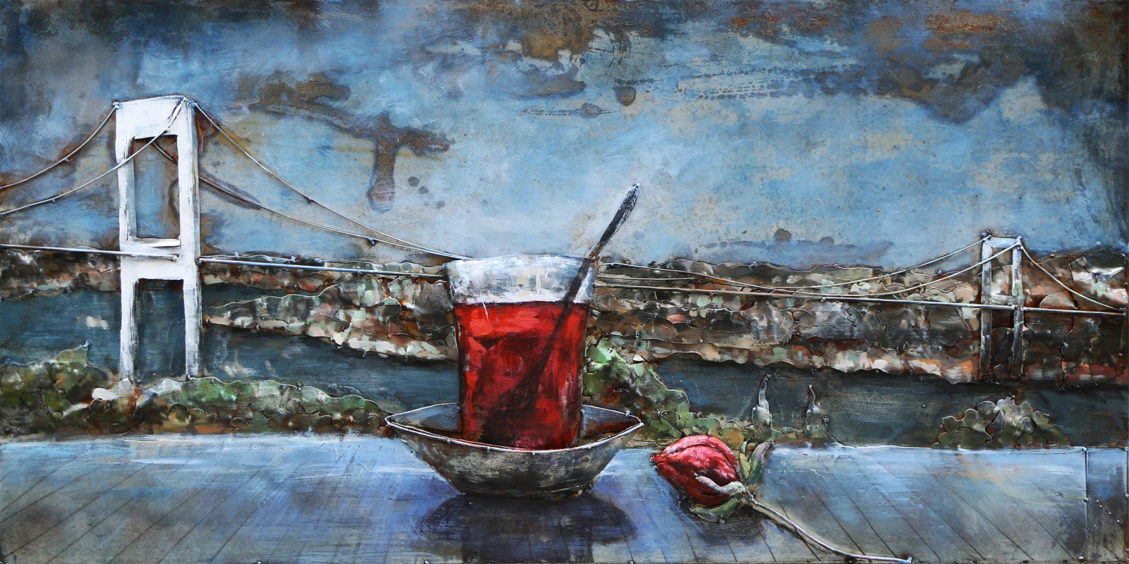 Romantic Evening Brooklyn Bridge 3D Painting Acrylic Handmade on Metal Canvas