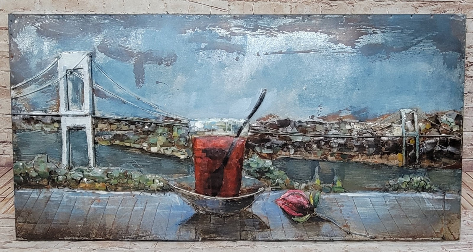 Romantic Evening Brooklyn Bridge 3D Painting Acrylic Handmade on Metal Canvas