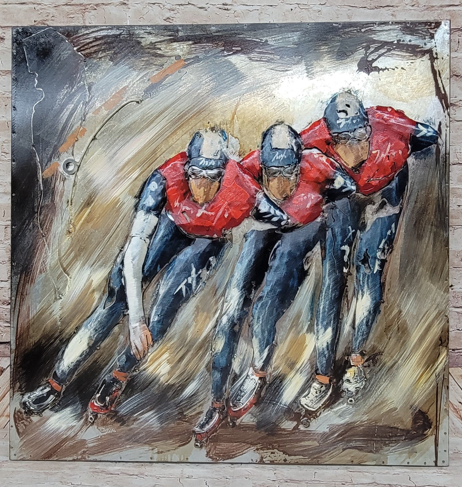 3D Speed Skaters Painting Handcrafted Acrylic Sports Wall Art for Ice Lovers Sale