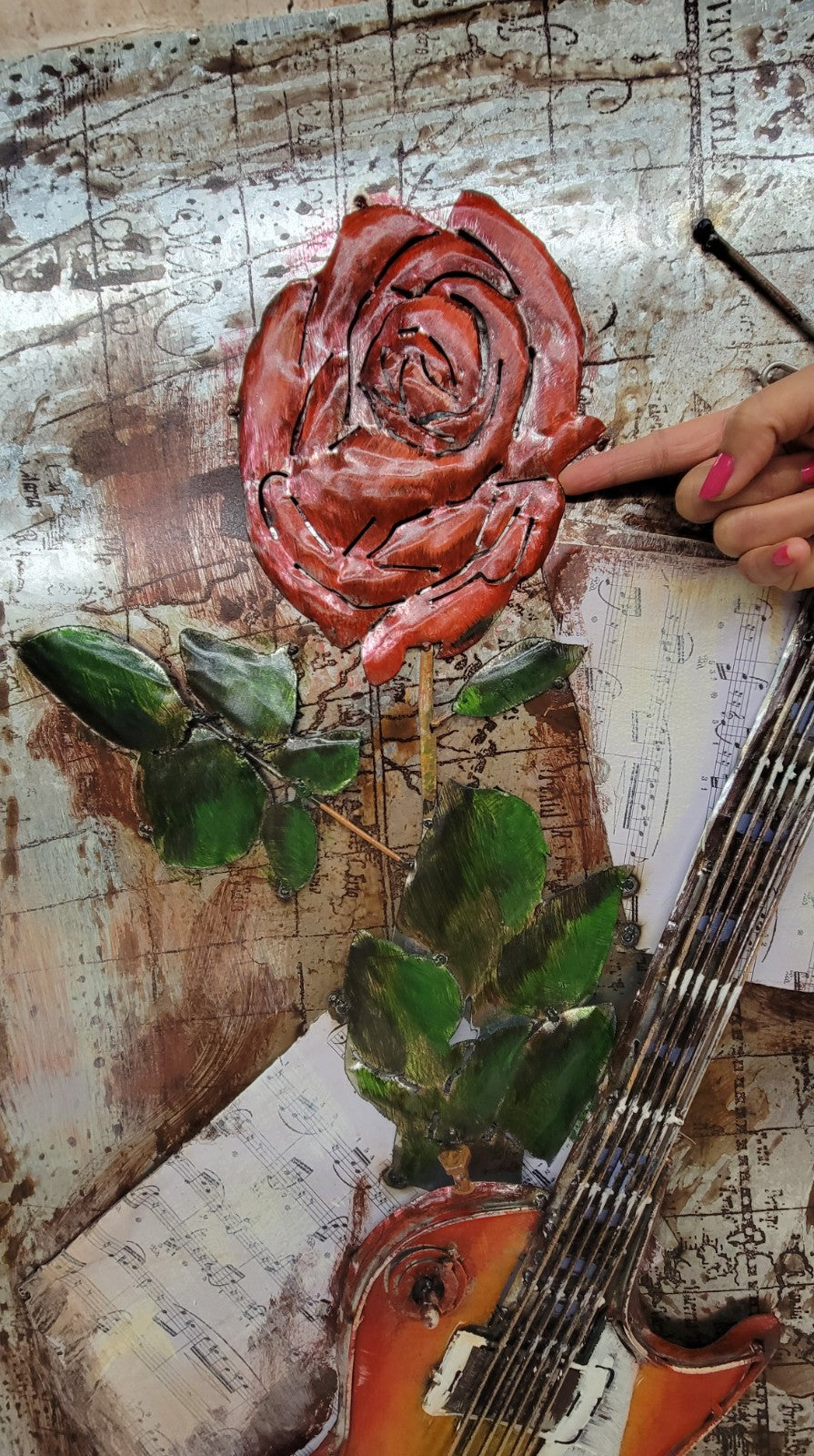 Rose Bloom flower on Guitar Painting in Color Birthday Anniversary 3-D Artwork