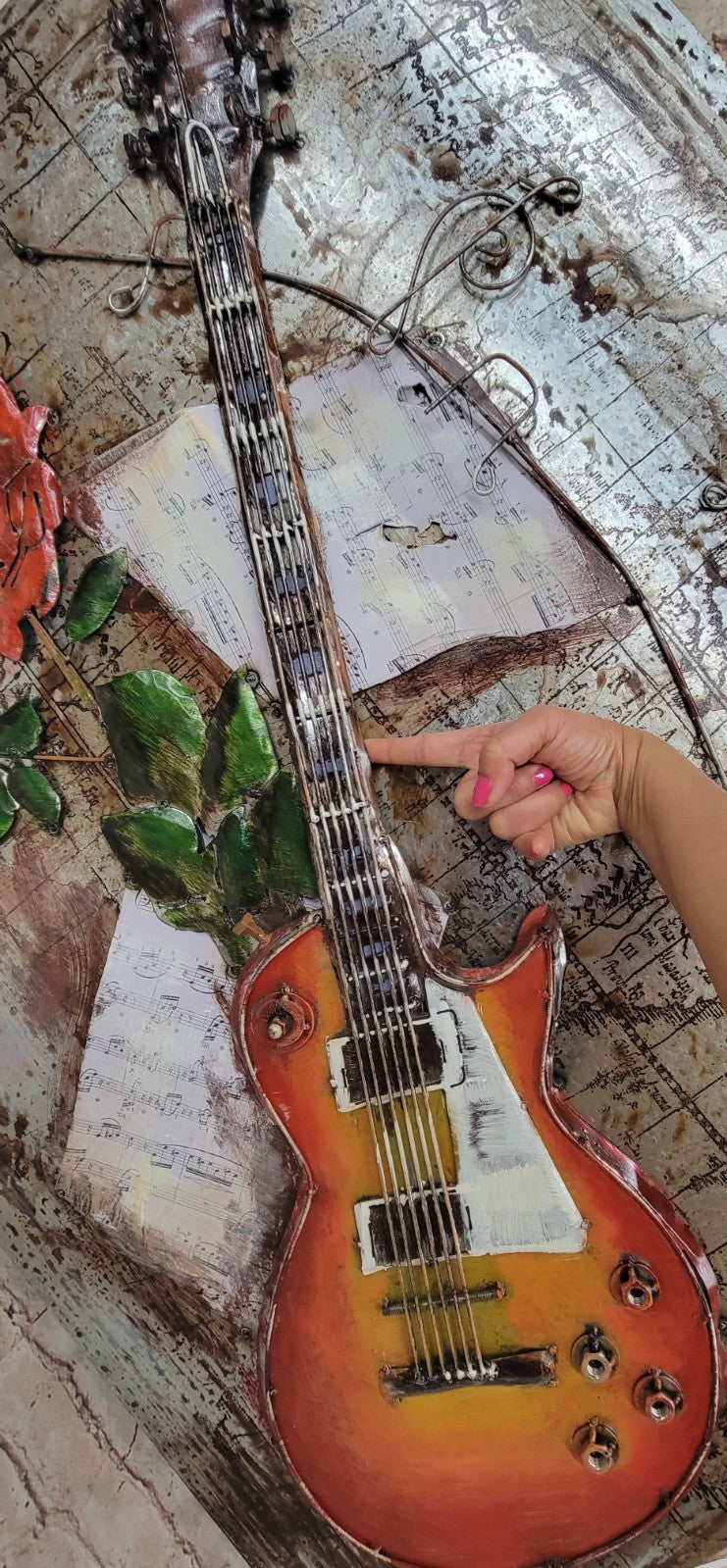 Rose Bloom flower on Guitar Painting in Color Birthday Anniversary 3-D Artwork