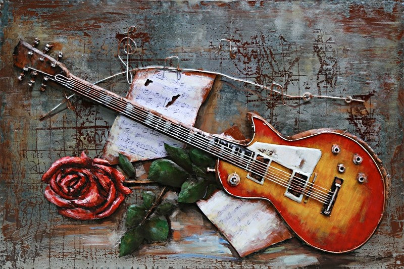 Rose Bloom flower on Guitar Painting in Color Birthday Anniversary 3-D Artwork