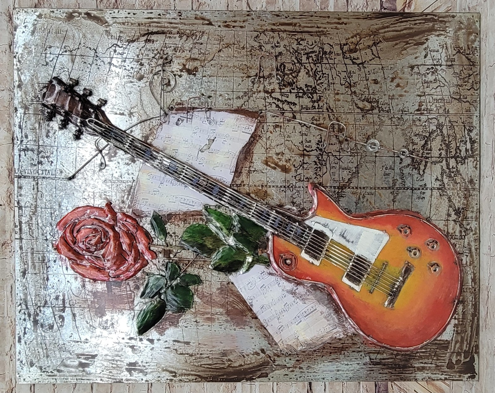 Rose Bloom flower on Guitar Painting in Color Birthday Anniversary 3-D Artwork