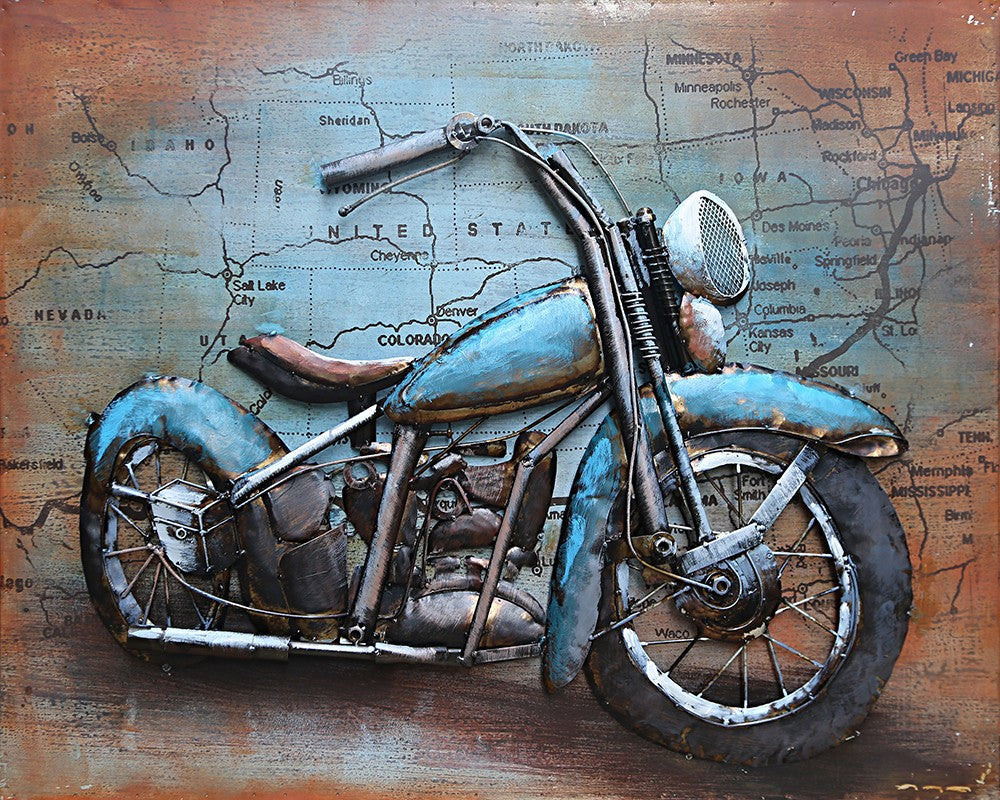 Buy Handcrafted Motorcycle Metal Wall Art – Rustic 3D Canvas Painting for Home & Garage Decor