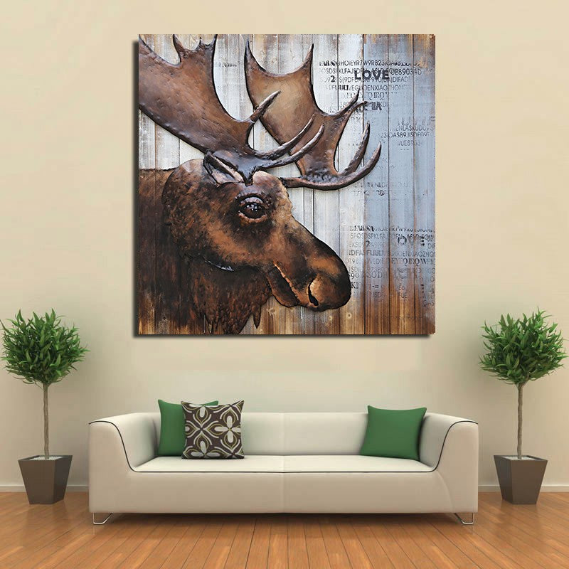 Art Deco Gorgeous Painting Wall Mount Moose Sculpture Home Office Decor Artwork