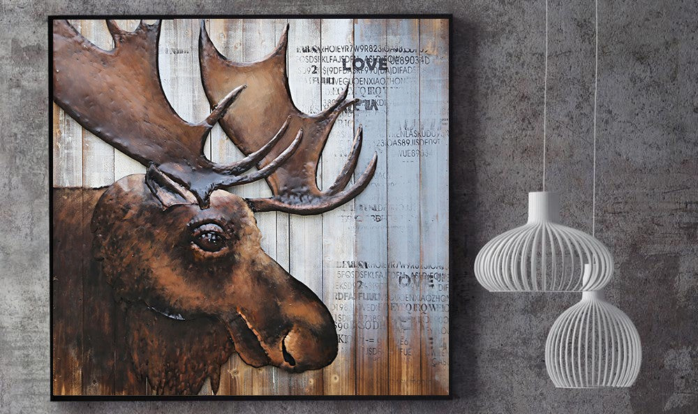 Art Deco Gorgeous Painting Wall Mount Moose Sculpture Home Office Decor Artwork