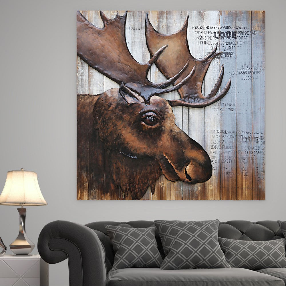 Art Deco Gorgeous Painting Wall Mount Moose Sculpture Home Office Decor Artwork