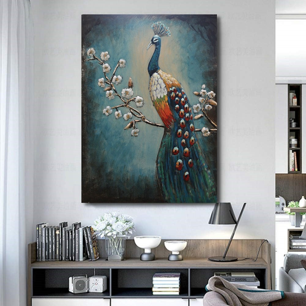 European Bronze Finery Floral Colorful Flower and Peacock Painting 3-D Art