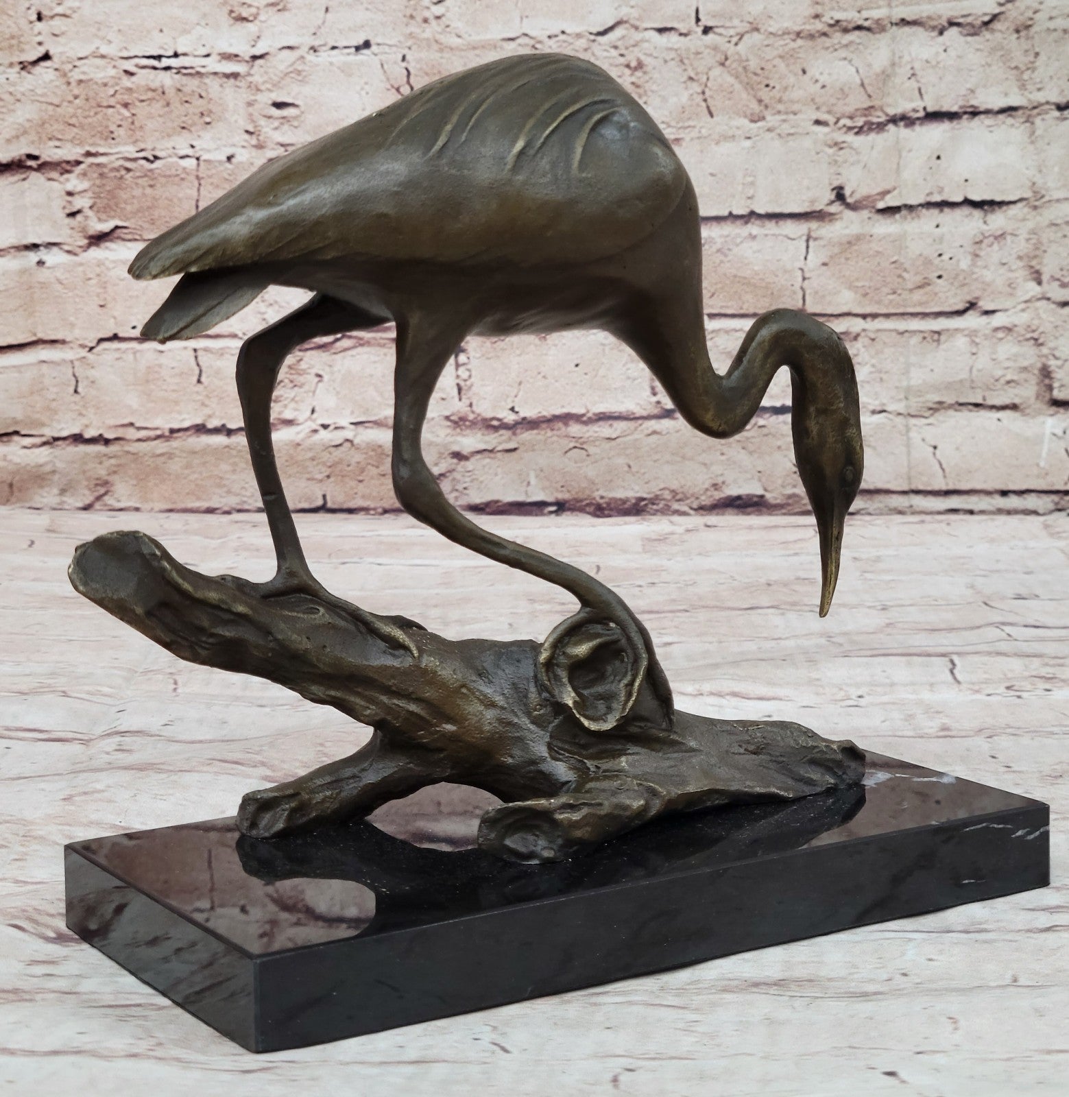 100% Bronze Statue Egret Crane Coastal Bird Art Signed Milo Fine Art Decor
