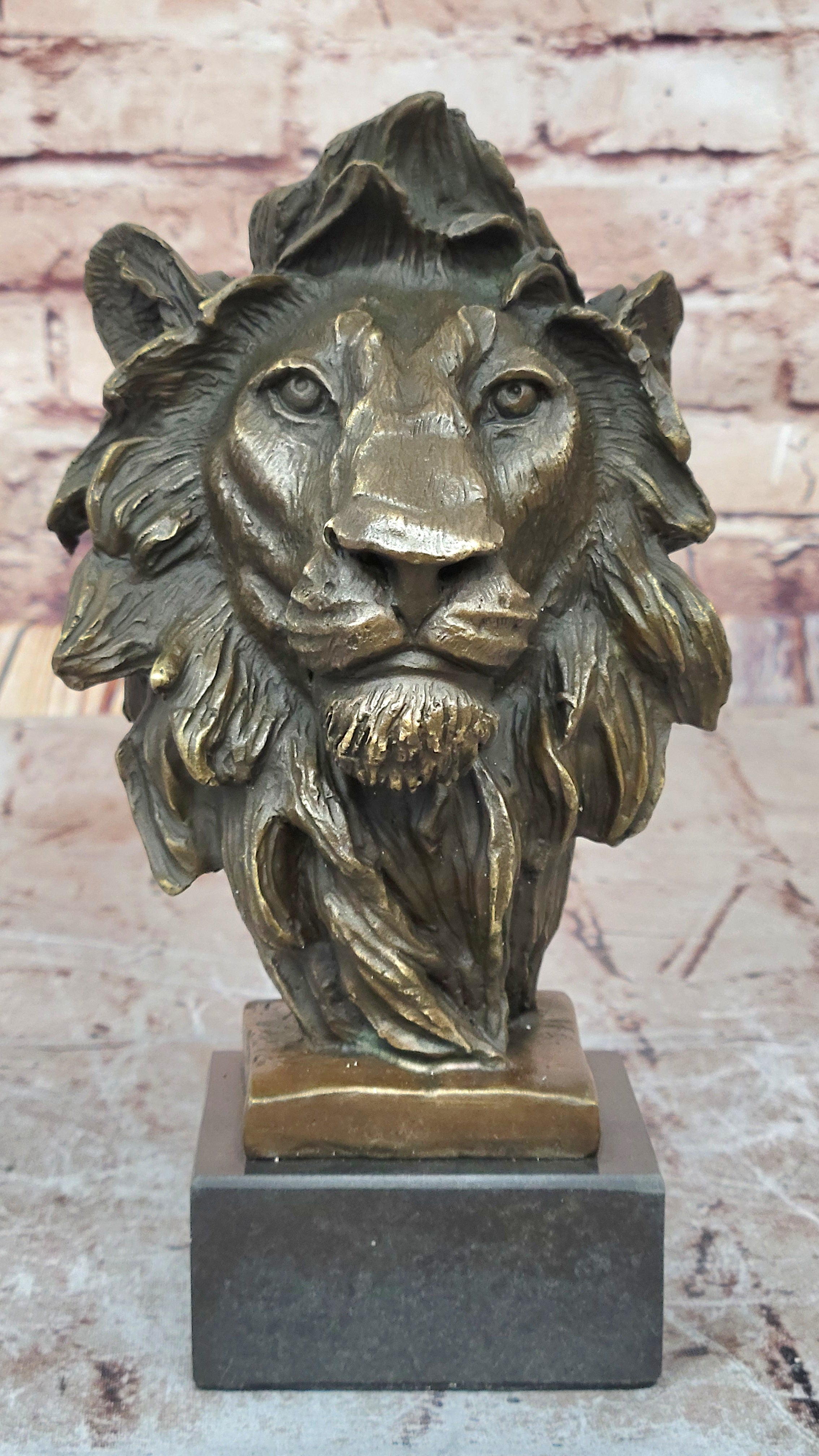 Hot Cast Signed Bronze Royal Lion Statue Sculpture Bust Marble Base Figurine Art