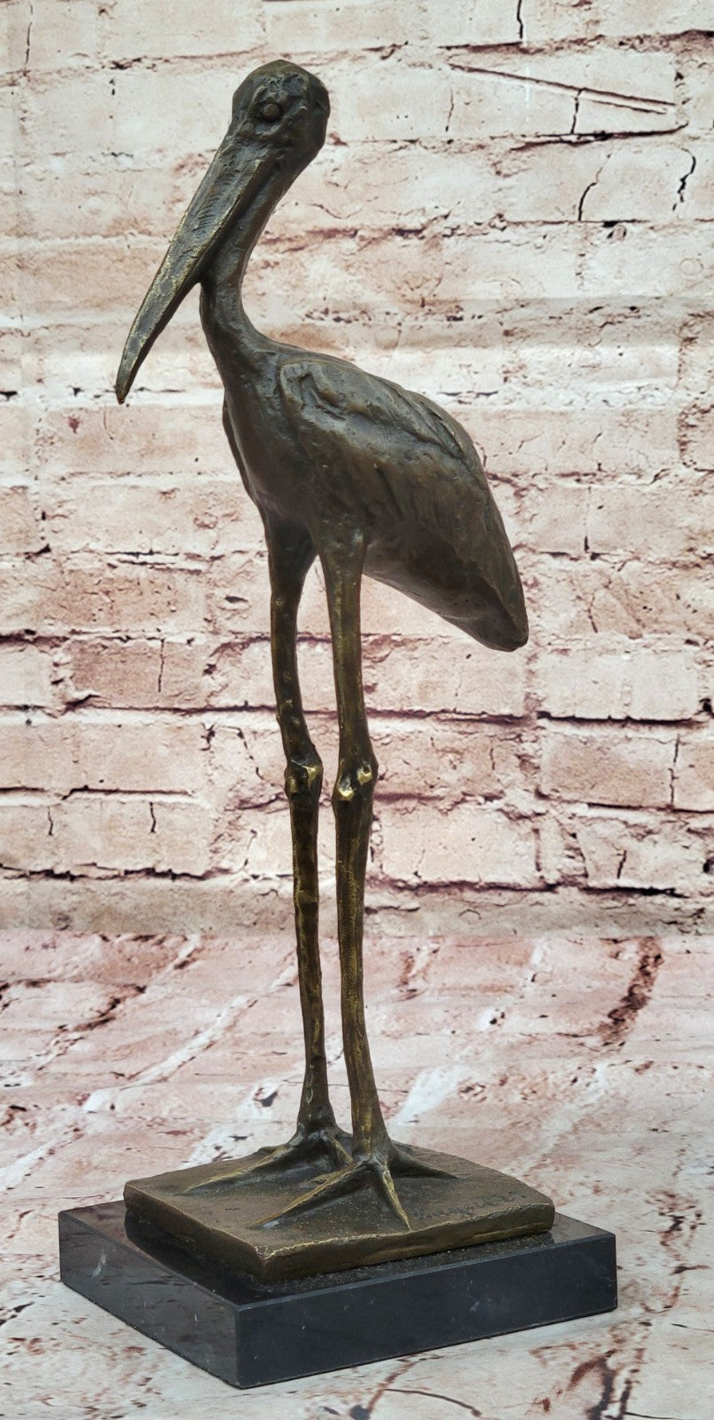 VINTAGE BRONZE OR BRASS CRANE/STORK SCULPTURE--FINELY DETAILED-GREAT PATINA ART