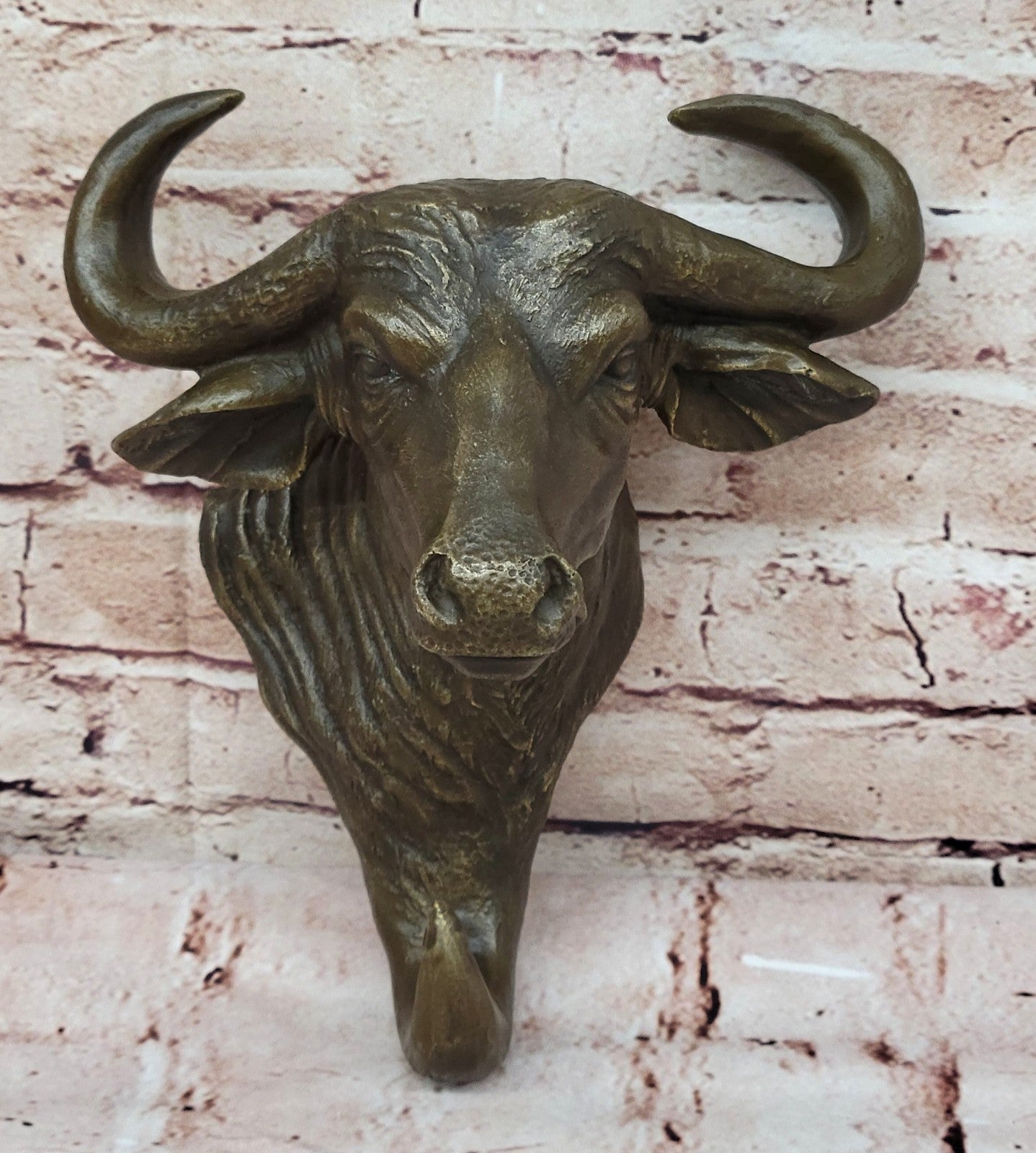 WALL MOUNT BRONZE BULL HEAD , MIGUEL LOPEZ SIGNED . DETAILED SCULPTURE FIGURINE FIGURE