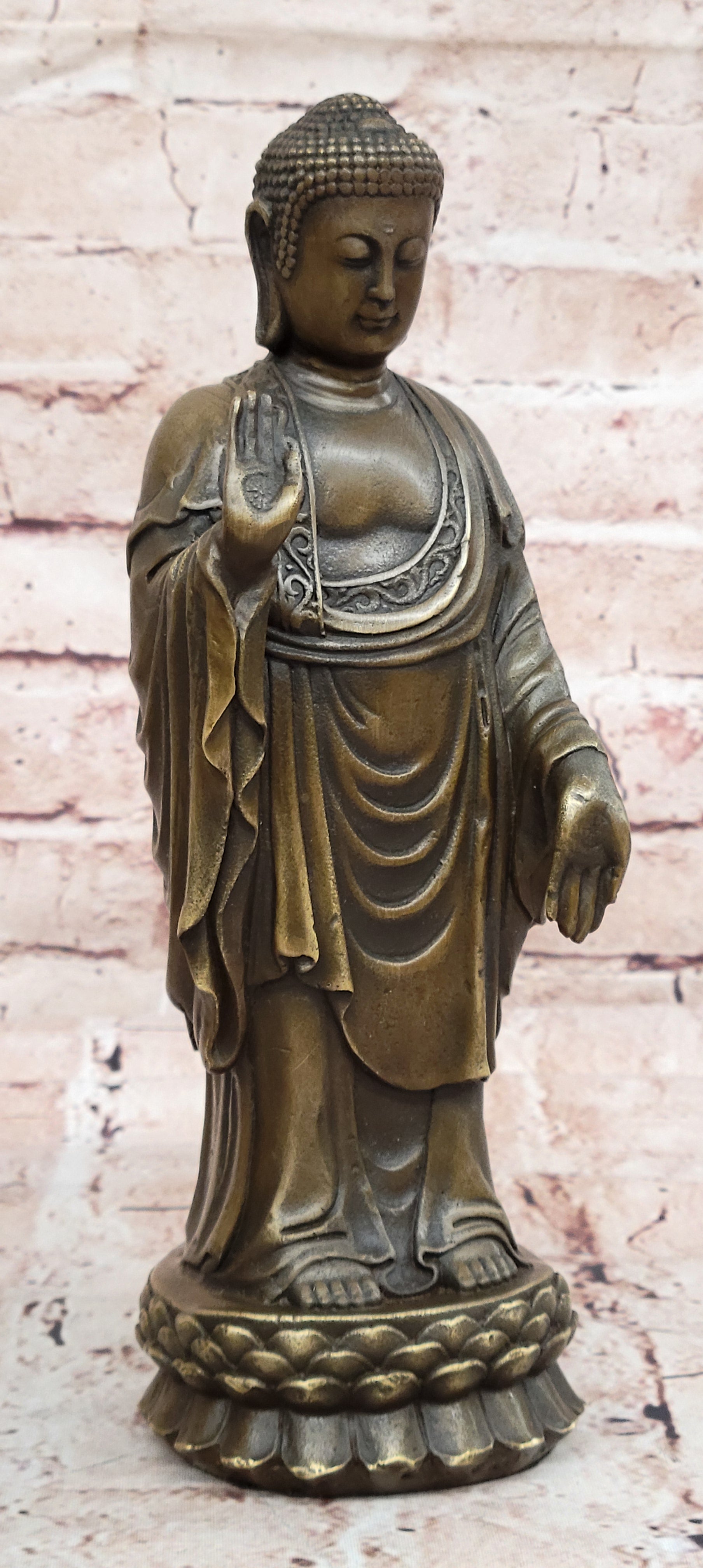 Signed Original Artwork by Miguel Lopez Standing Tall Buddha Bronze Statue