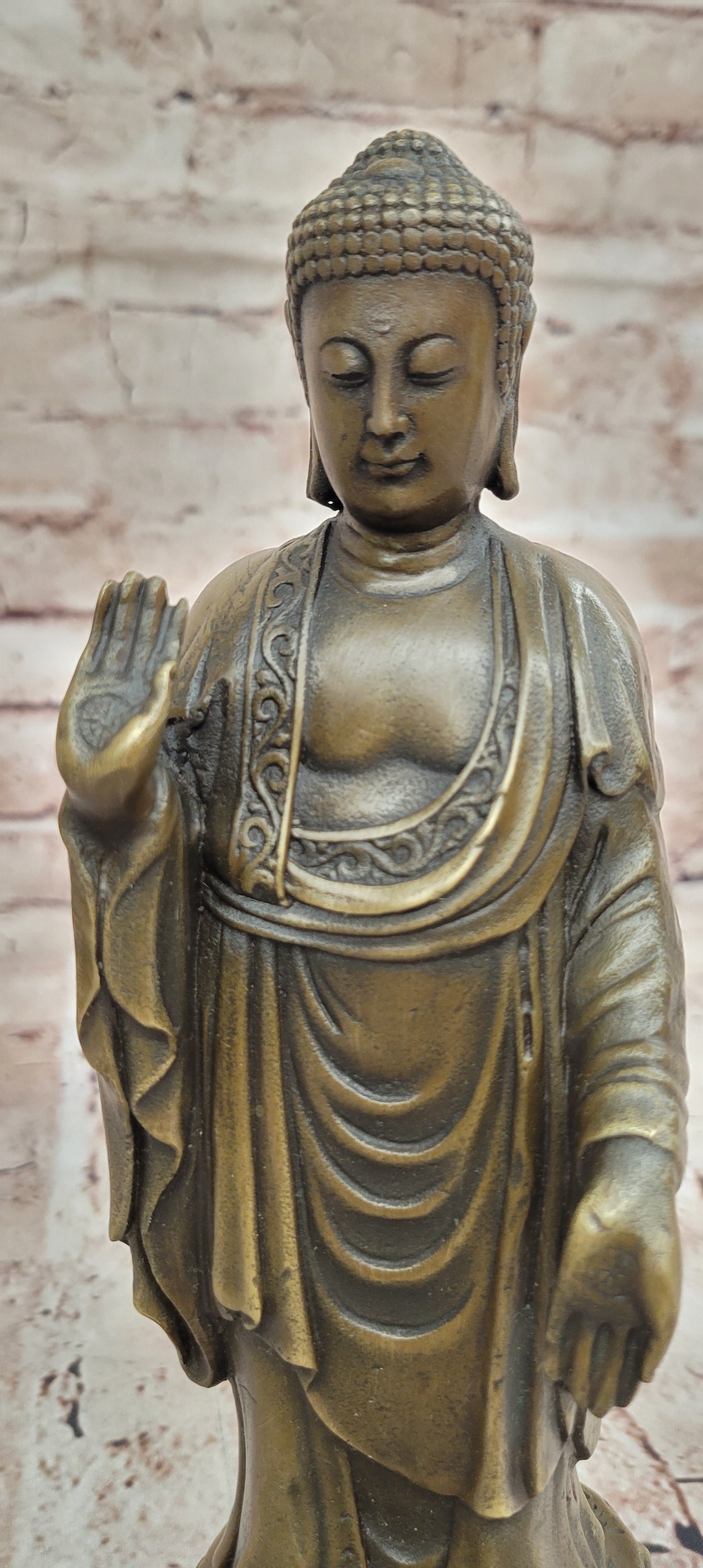 Signed Original Artwork by Miguel Lopez Standing Tall Buddha Bronze Statue