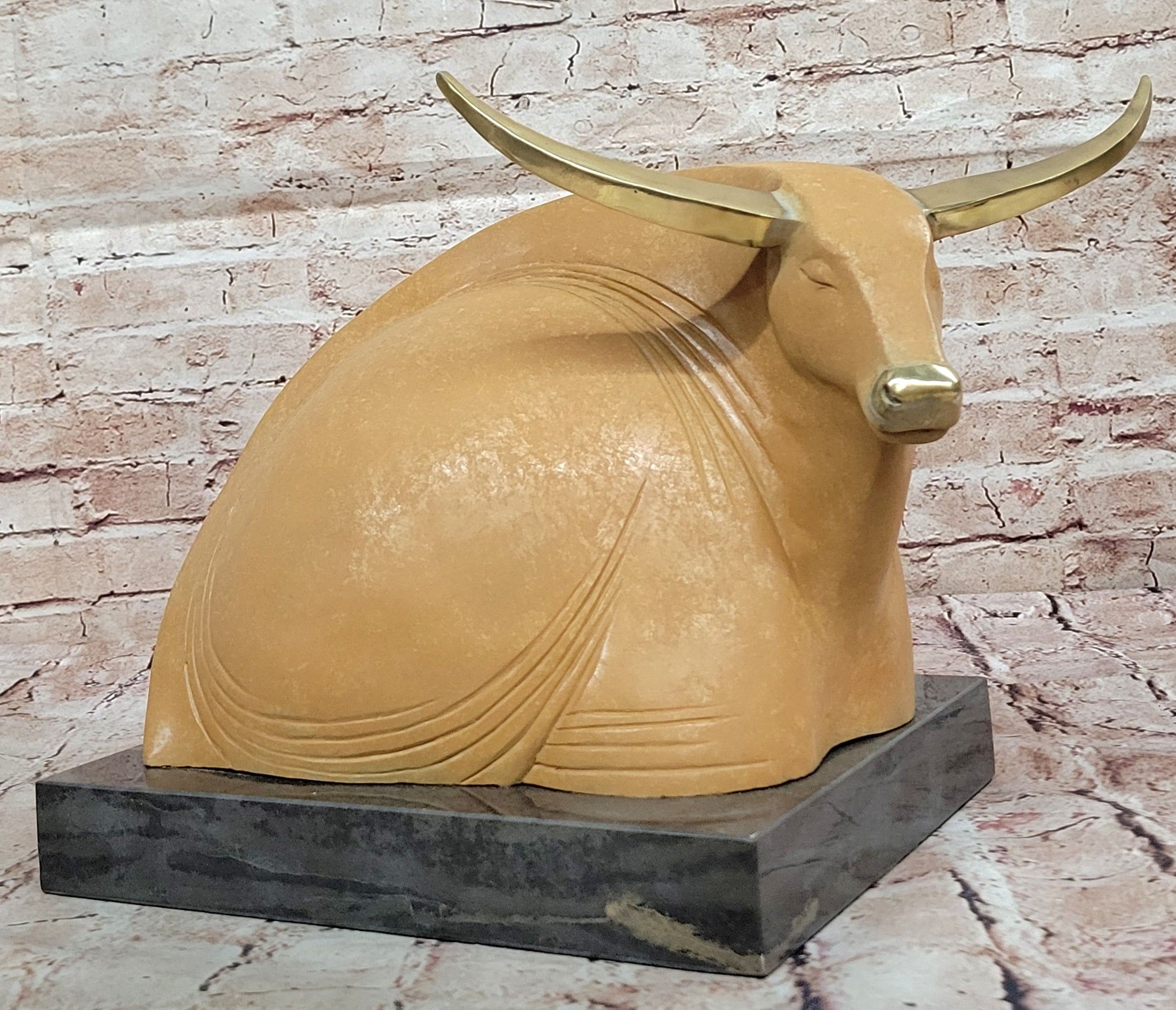 Signed T. Baker Bull Figurine – Abstract Bronze Art Statue for Home Decor