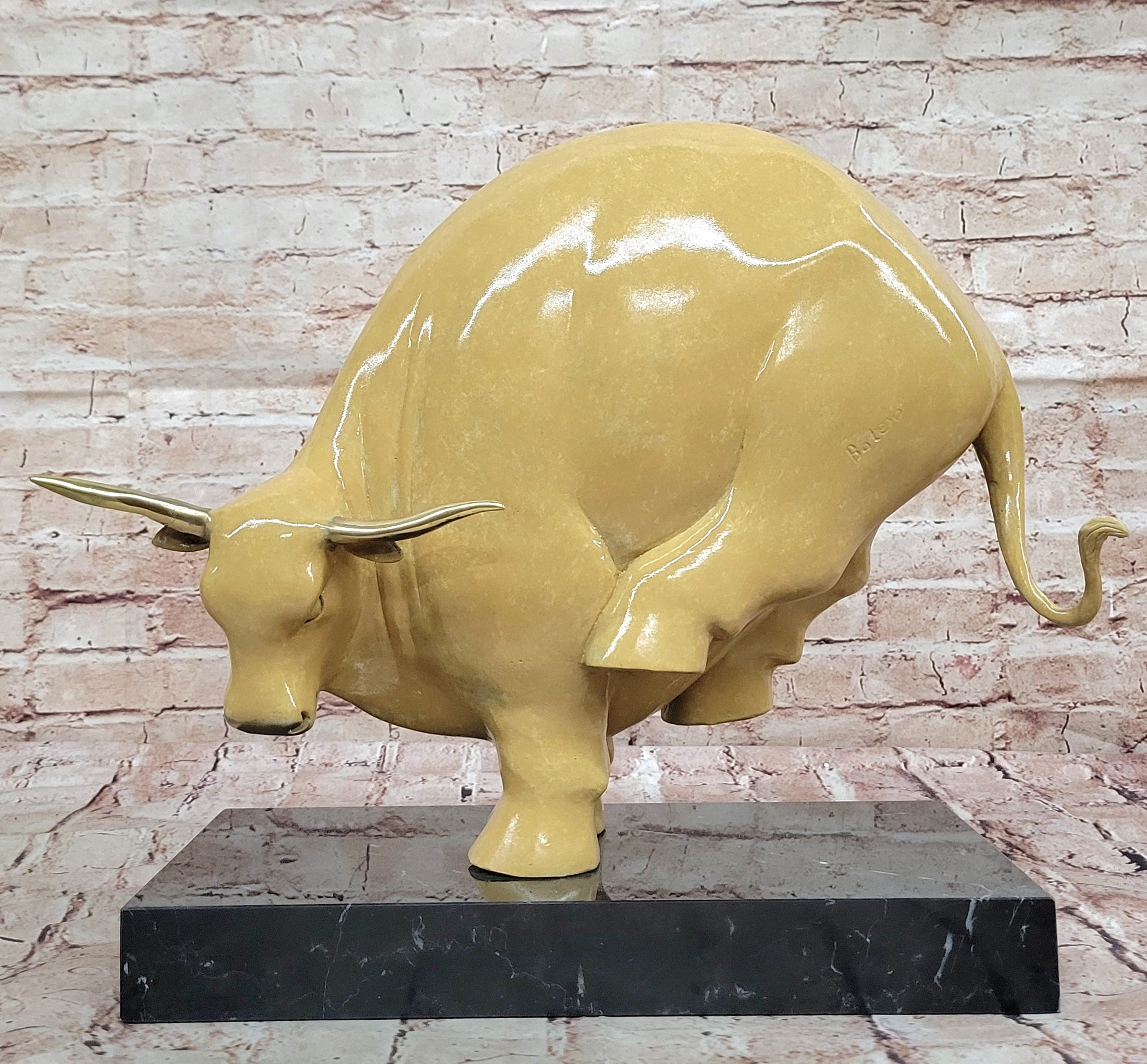 Abstract Modern Bull Statue – Signed Bronze Ox Sculpture by Botero Figurine